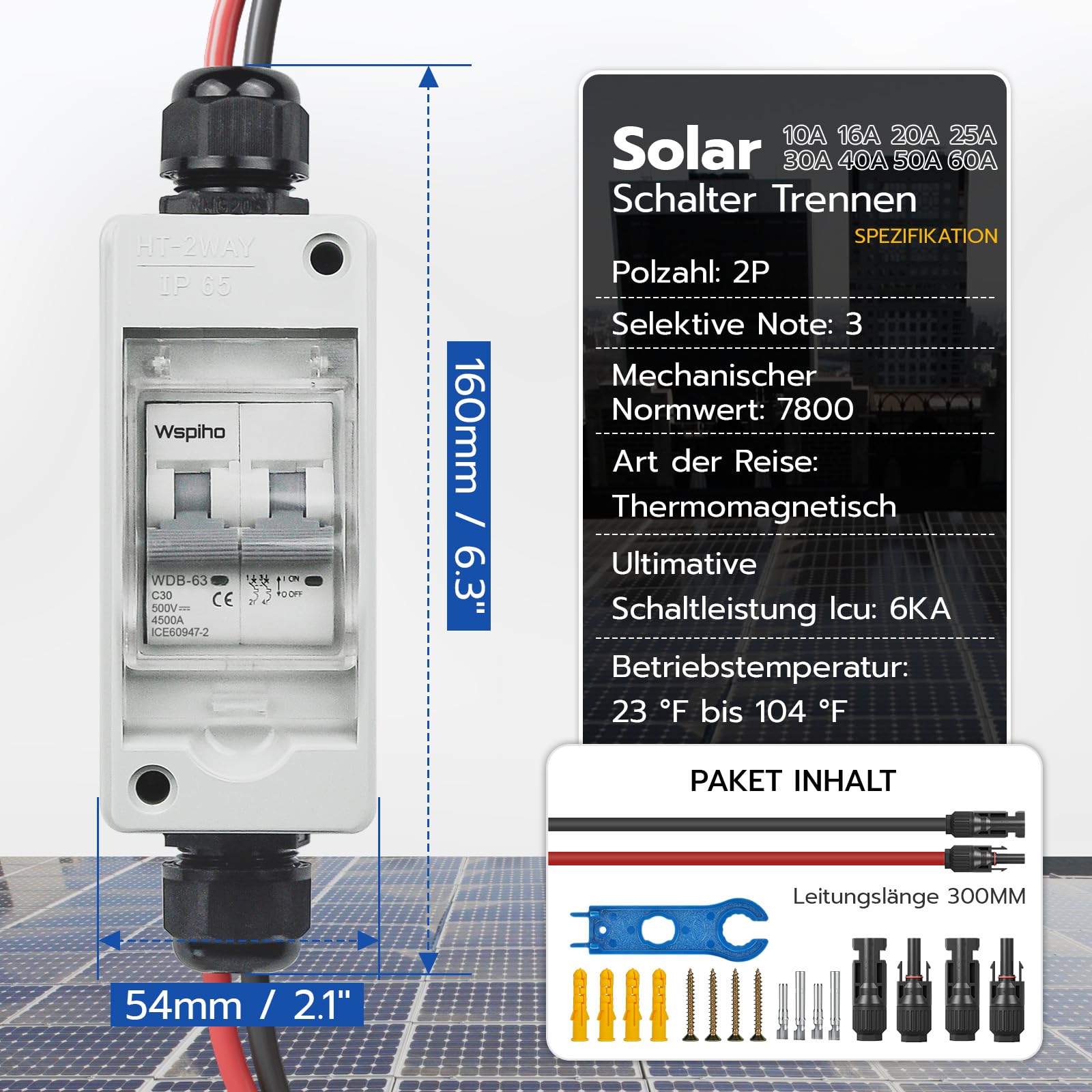 PV Sicherungsautomat 2 Polig für PV Anlage,IP65 Wasserdicht Gehäuse Verteilerkästen,DC Trennschalter Leitungsschutzschalter mit Photovoltaik Kabel (30A DC500V)