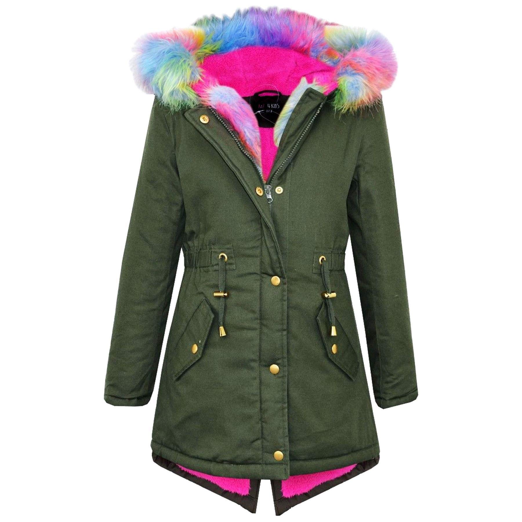 A2Z 4 Kids Girls Detachbale Faux Fur Hooded School Coats - Parka Jacket Rainbow Fur Khaki 6-7.