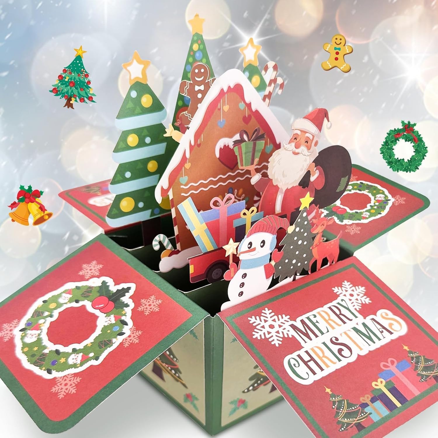 BIGTHREE 3D Pop-Up Christmas Card, Colorful Santa Claus Christmas Card, Handmade Christmas Card in a Box, Beautiful Pop-Up Christmas Cards with Reindeer Snowman Christmas Tree (A style)