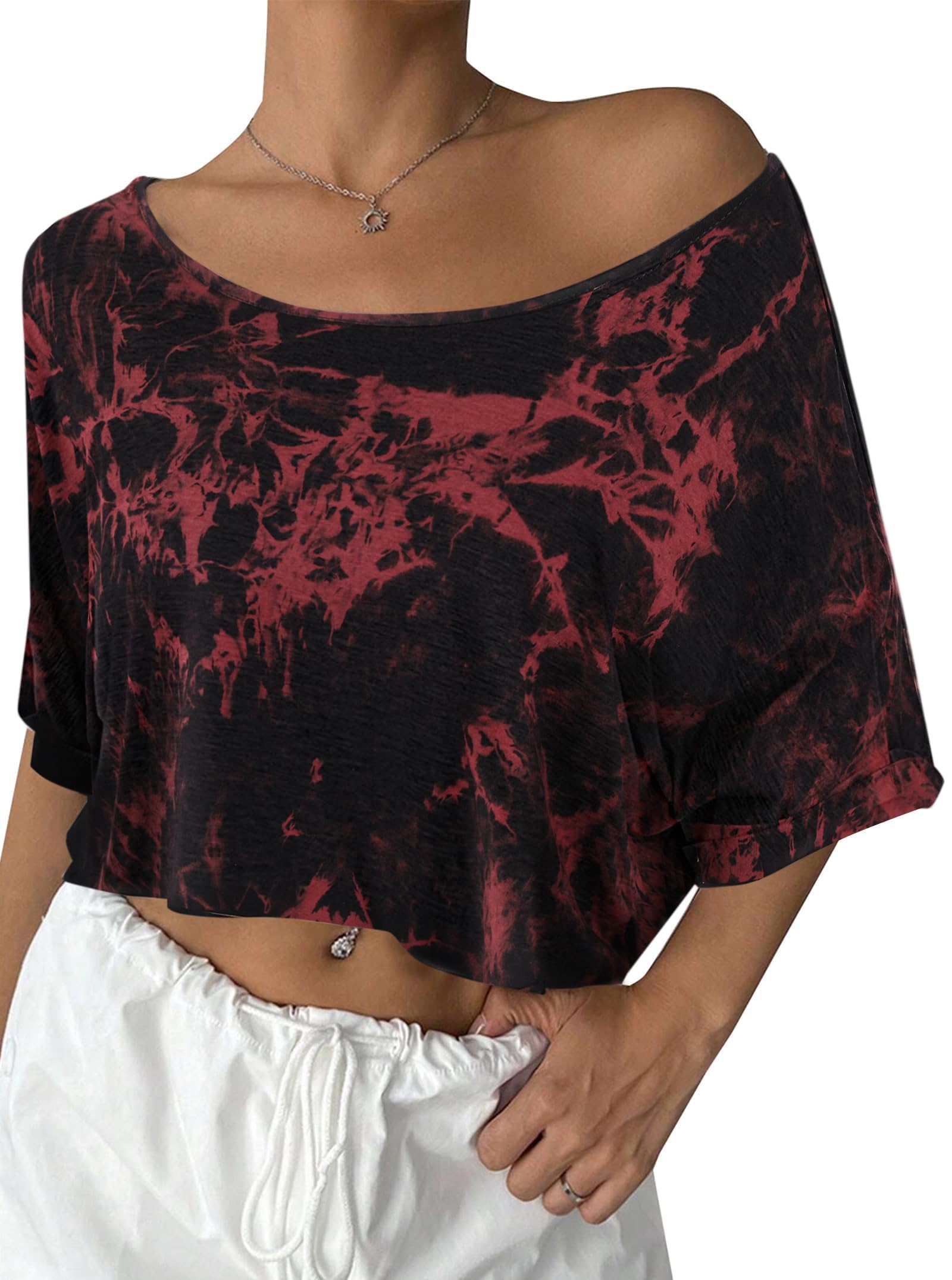 Remidoo Womens Off The Shoulder Tops Short Sleeve Crop Top Asymmetrical Neck T Shirt