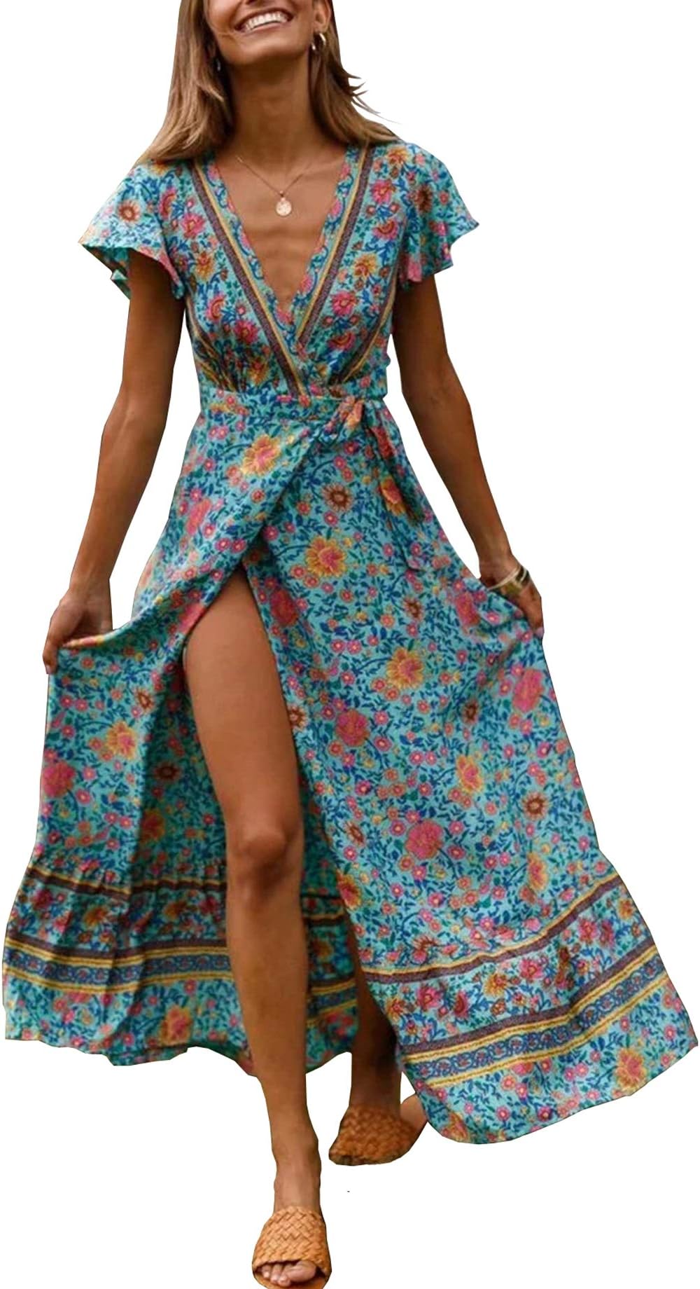 Women's Summer Short Sleeve Floral Print Bohemian Beach Waist Tie Wrap Long Flowy Dress with Slit