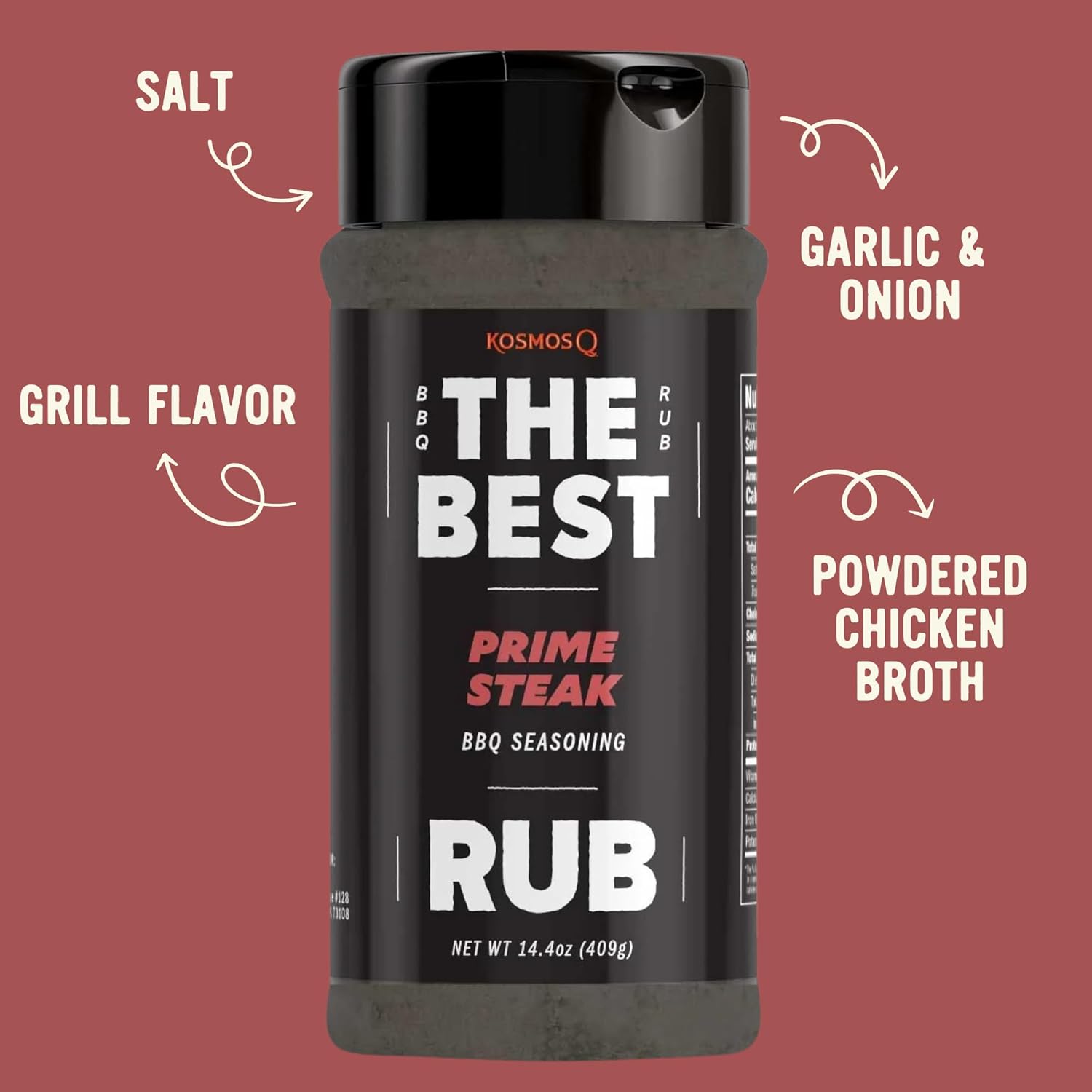 Kosmos Q The Best Prime Steak Rub, Bold BBQ Meat Dry Rub & Steak Seasoning with Garlic, Onion, Spices & Smoke Flavor, For Ribs, Pork Chops, Chuck Roast, Brisket & More, 14.4 Oz Shaker Bottle