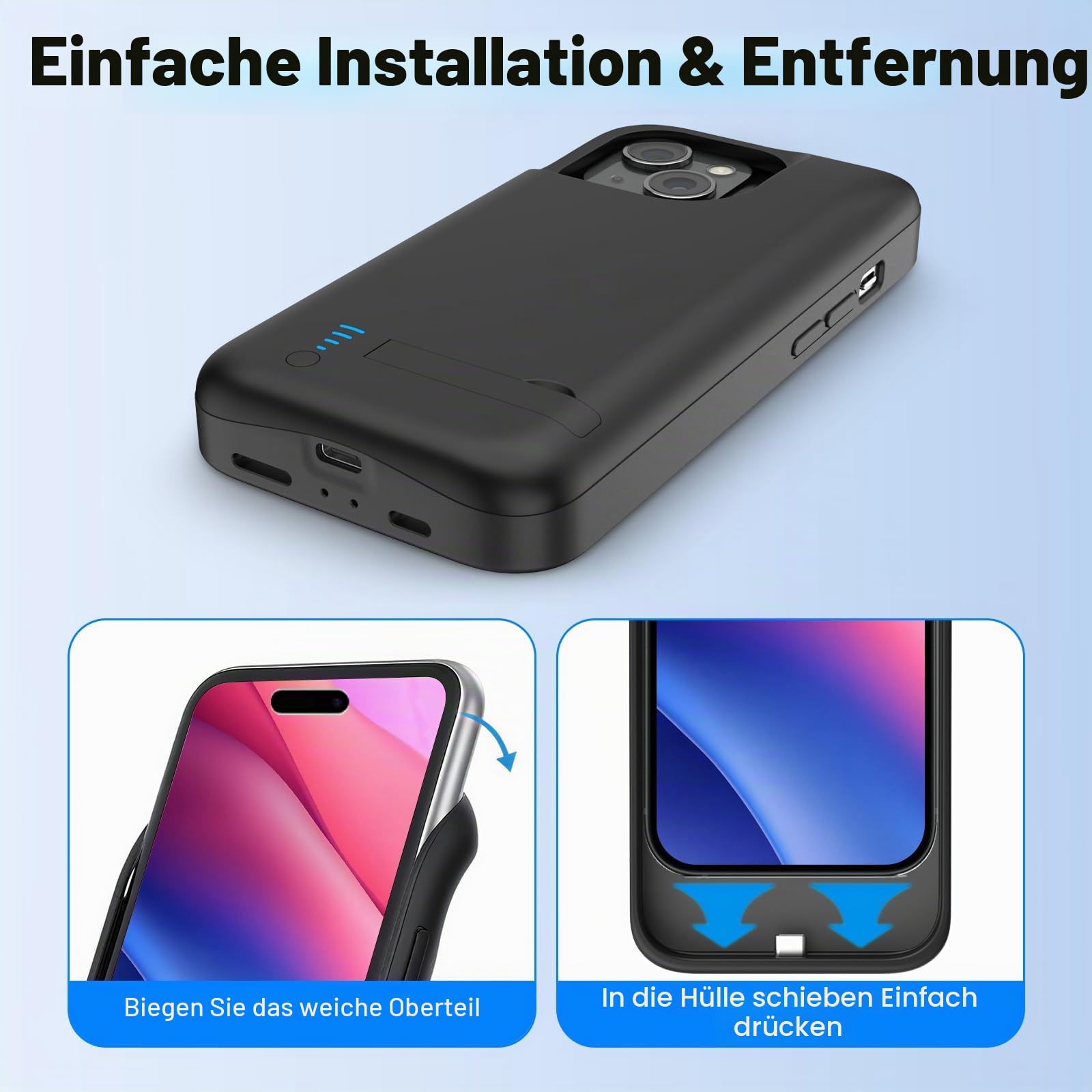 Akku-Hülle für iPhone 15, Echtes 8500 mAh, Schmal, Wiederaufladbar, Erweitertes Ladegerät, Ladehülle Mit Ständer, Tragbare Schützende Powerbank für iPhone 15, 6,1 Zoll – Schwarz