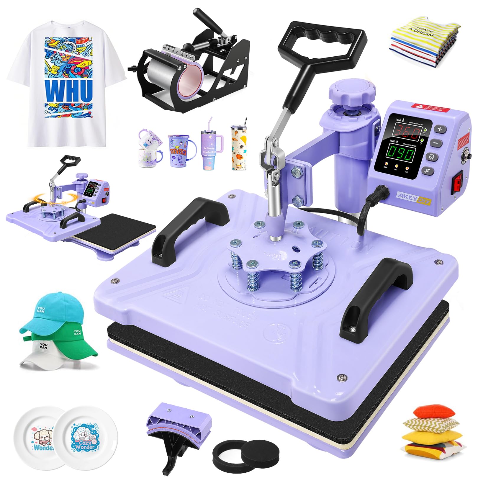 AKEYDIY Upgraded Heat Press Machine 5 in 1 Combo,Digital Multifunction Shirt Press Machine for T Shirts12 X15 Sublimation Machine 360-Degree Swing Away Dual-Tube Heating for DIY T-Shirts Cap & Mugs