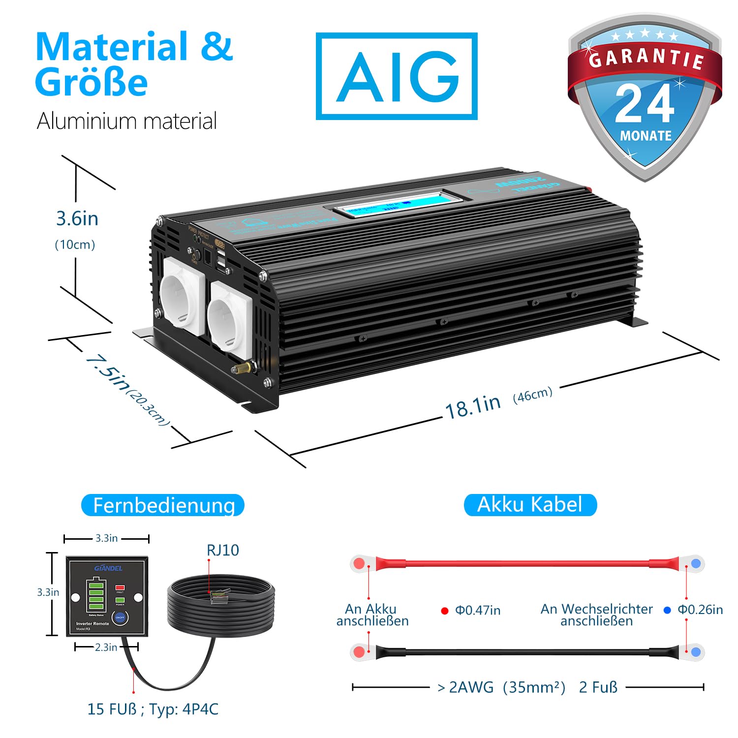 GIANDEL 2000W Inverter Onda Sinusoidale Pura 12V a 230V Anello Magnetico | Convertitore con schermo LCD e compatibilità LiFePO4 per elettrodomestici, casa, camper, camion e solare off-grid