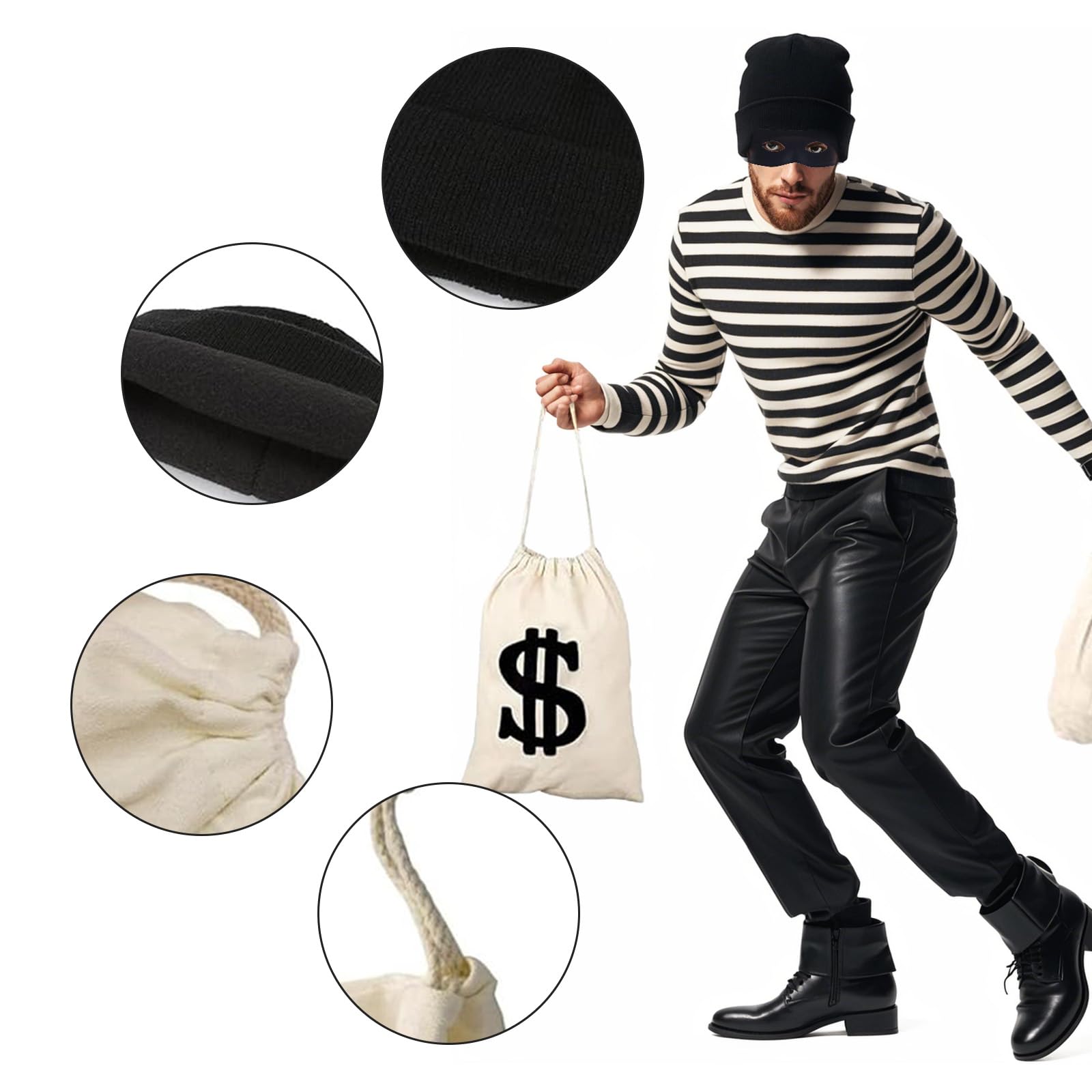 Lufdegim 4-Piece Bank Robber Costume, Thief Costume Set including Eye Mask, Gloves, Knitted Hat - Image 3