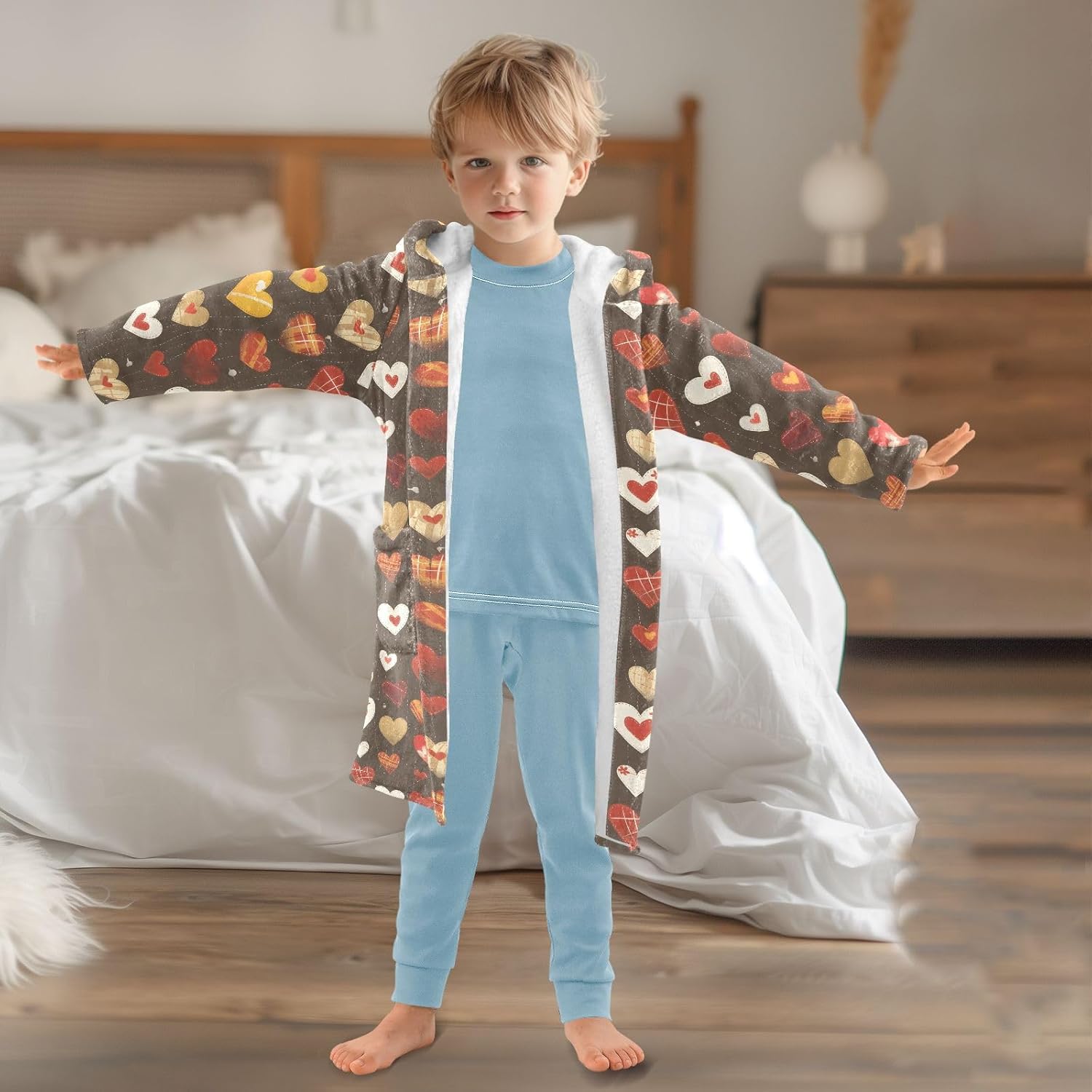 senya Hearts Abstract Color Toddler Hooded Bathrobe Kids Soft Plush Bath Towel Robes for Boys Girls 2-12 Years