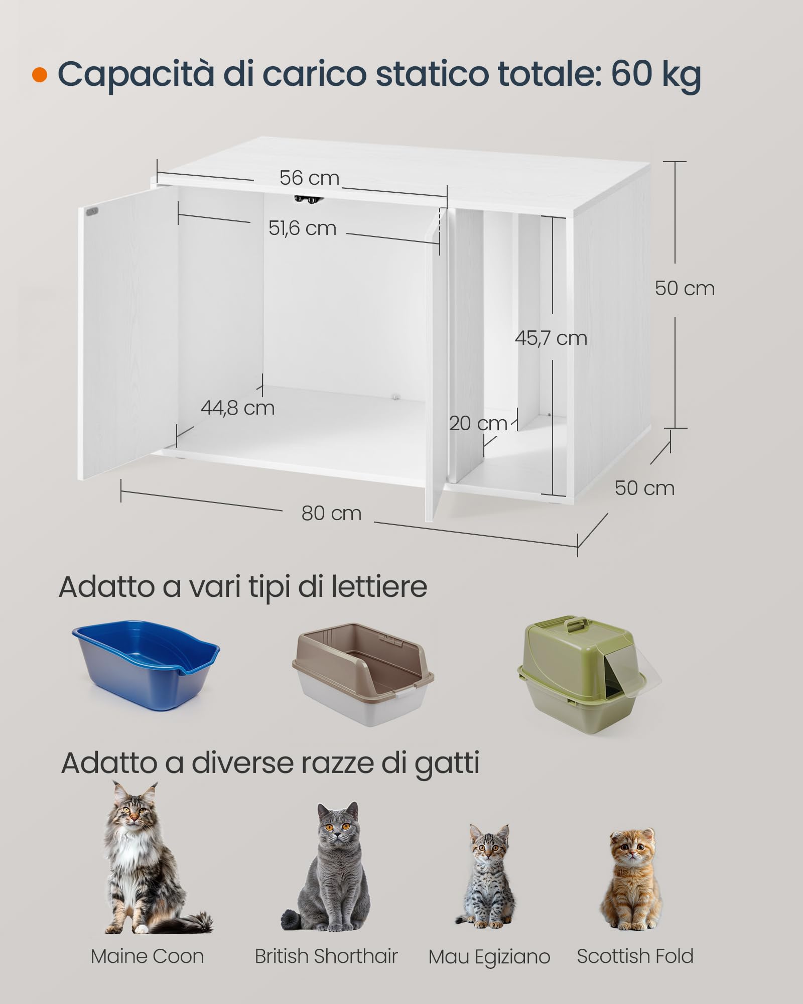 SONGMICS HOME Montaggio Super Veloce Senza Attrezzi, Armadietto per Lettiera, Casetta per Gatti Grandi, Porte a Spinta per Aprire, Tecnologia TOOLLESS, Bianco Neve PCL013W01