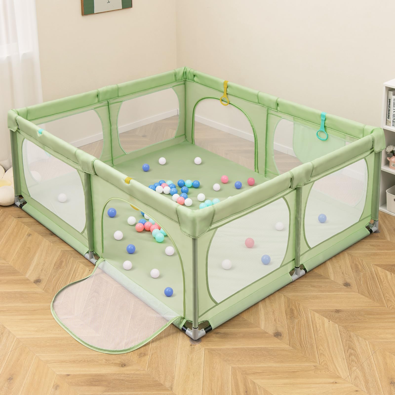 COSTWAY Recinto per Bambini, Box Pieghevole con Rete Traspirante, Centro Attività per Neonati con 50 Palline, Box Giochi per Bambini 0-3 Anni (Verde, 189 x 158 cm)