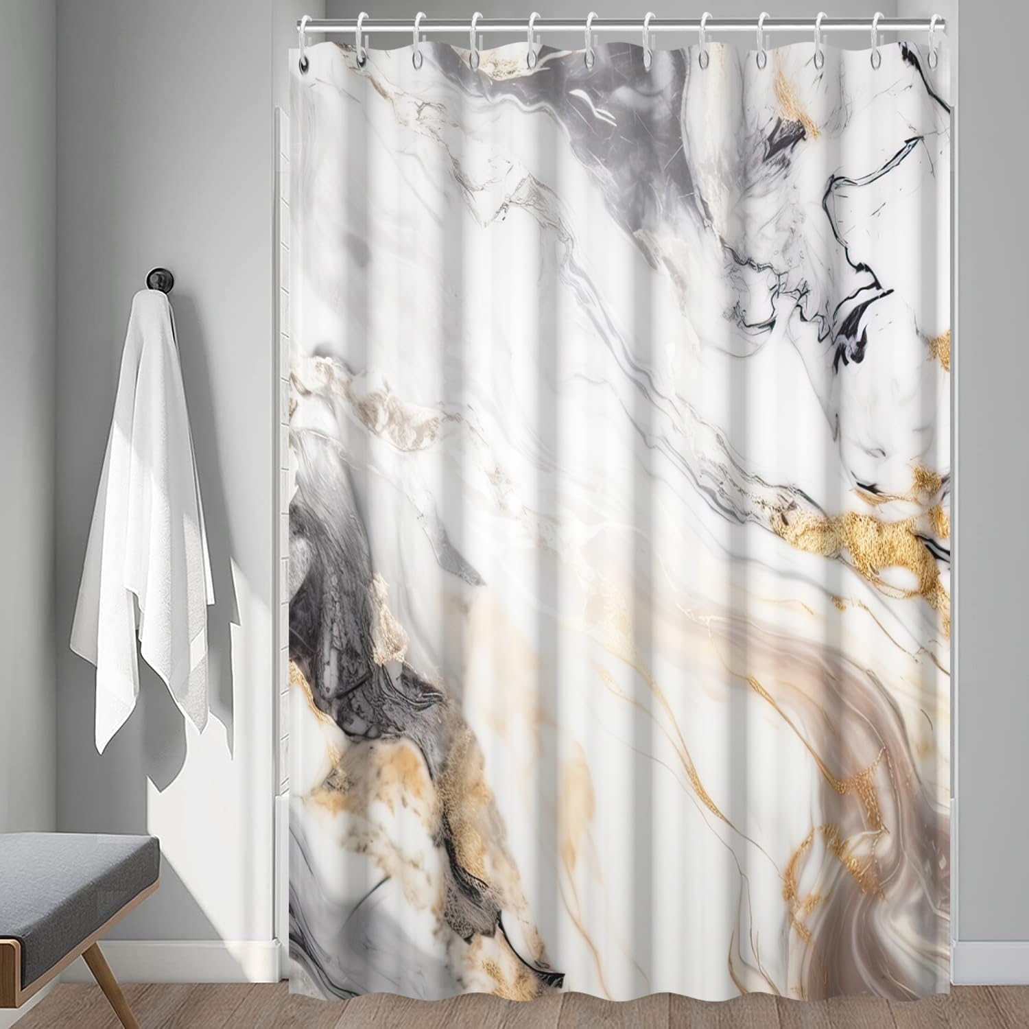 Grey and White Shower Curtain, Modern Grey Marble Shower Curtain for Bathroom Aesthetic Waterproof Shower Curtain Set with Hooks, 72x78 Inch