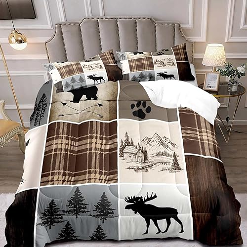 LUVIVIHOME Juego de edredón rústico de 3 piezas, tamaño King, oso negro, ciervo, alce, alce, bosque, animales del bosque, caza de vida silvestre,