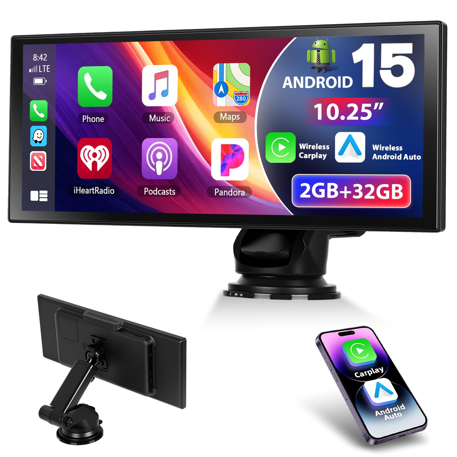 2GB+32GB Carplay Auto Android Wireless, 10,25 Pollici Car Play Schermo per auto, con Bluetooth, GPS Navigazione, Mirror Link, Controllo Vocale, AUX, Trasmettitore FM, Y0uTube/Sp0tify, 7-32V