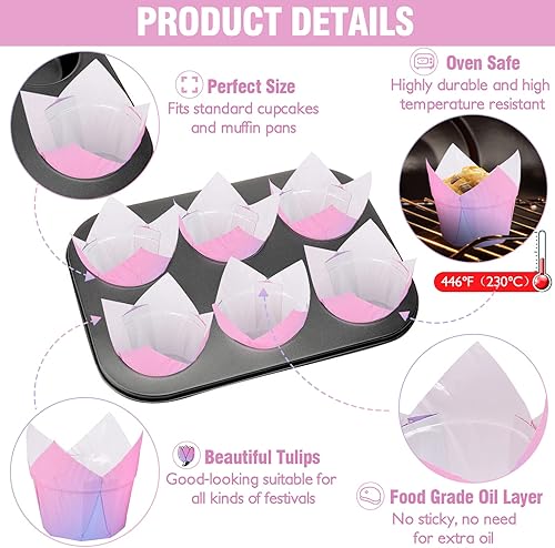 Miniatura 7 de Paquete de 100 revestimientos de tulipanes para hornear cupcakes, taza de postre de papel a prueba de grasa de grado alimenticio, soporte para tazas