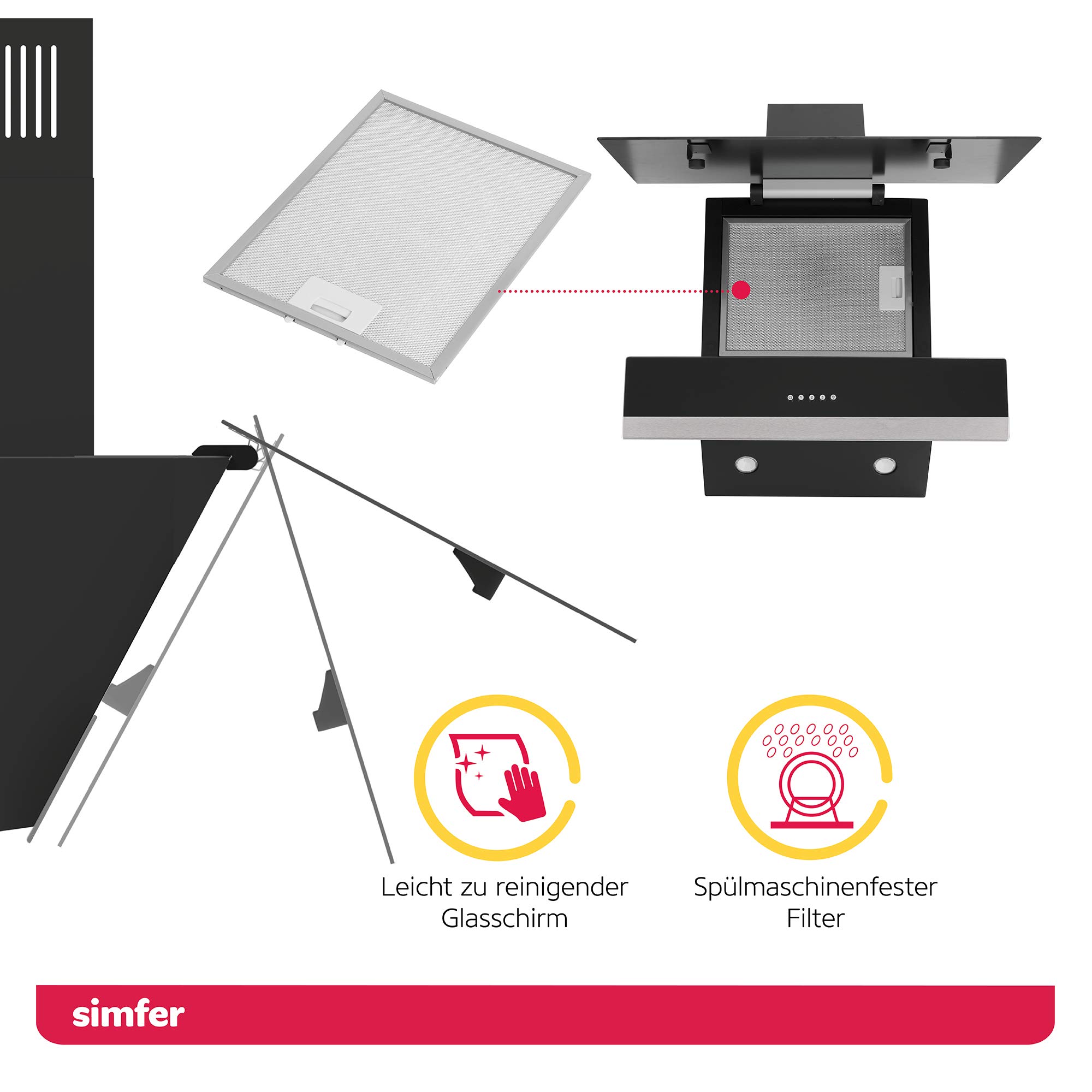 Simfer Dunstabzugshaube Glas CH 5658 | 60 cm | 650 m³ /h | 3 Stufen | Druckknöpfe | Wandhaube | Kaminhaube | Schräghaube | Alu-Filter | 2x LED | Teleskopkamin Schwarz