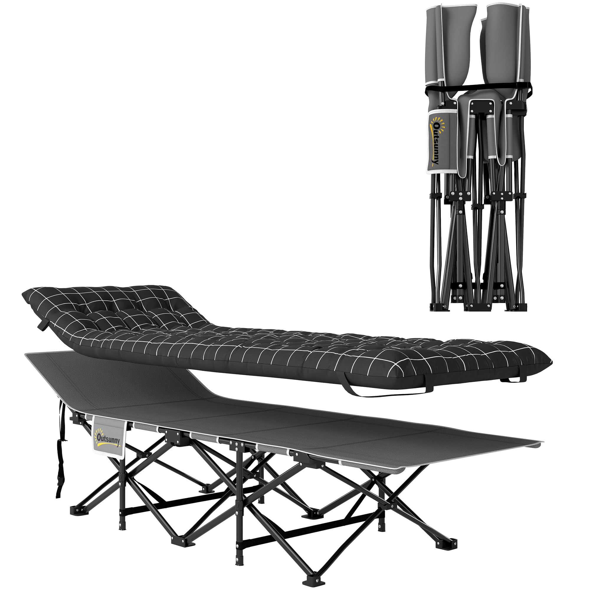 Outsunny Lit de Camping Pliable avec Matelas, Lit de Camp Pliant, Pochette latérale et Sac intégré, transat Chaise Longue en métal et Tissu Oxford, 190 x 67 x 37 cm, Charge 150 kg, Noir