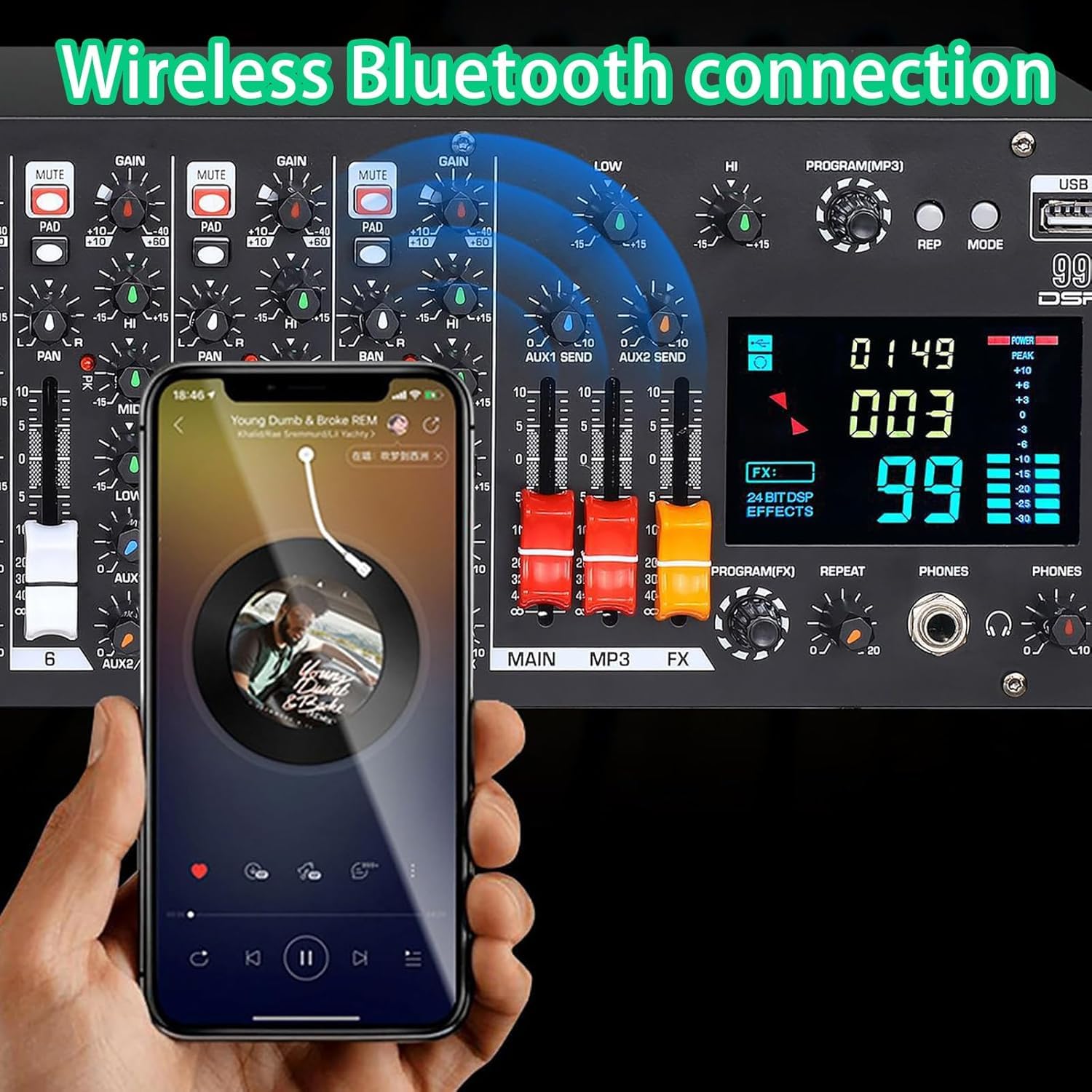 Mezclador estéreo de 9 canales con pantalla digital, procesador de efectos digitales de 24 bits, 99 efectos, alimentación fantasma de 48 V para transmisión