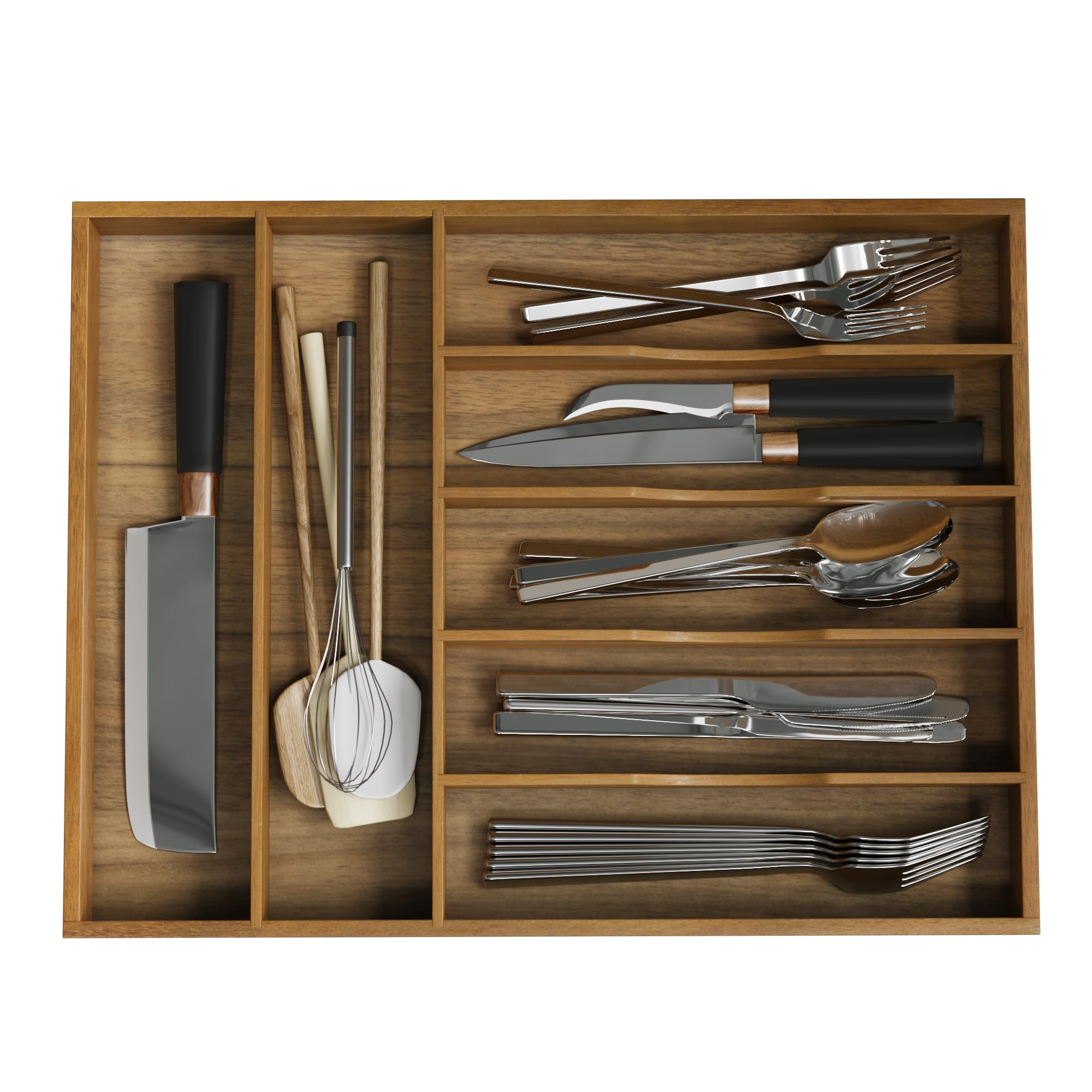 Smuxee Acacia Wood Kitchen Silverware Drawer Organizer, 7 Compartment Utensil Holder, Kitchen Drawer Divider for Silverware and Kitchenware