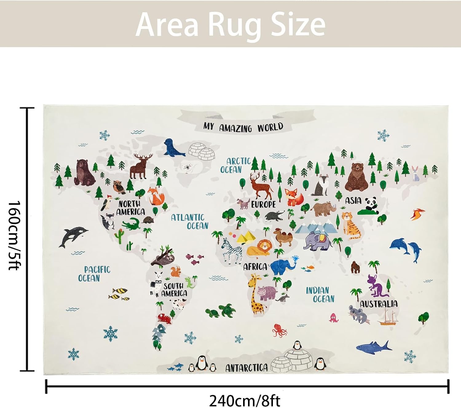 Kids Rug 5x8Ft World Map Animal Play Mat for Boys Girls Bedroom Classroom Large Washable Continents Educational and Learning Playroom Area Rug Soft Children Elementary Carpet, White