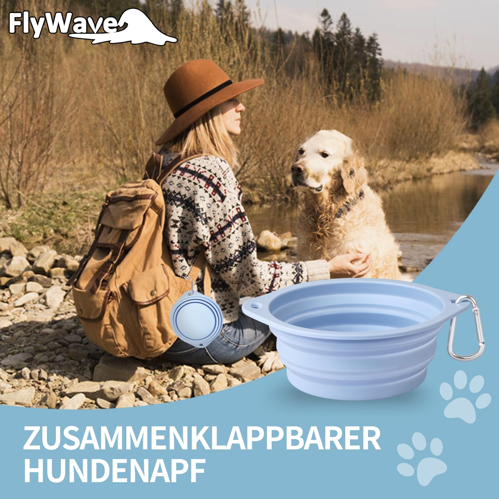 FlyWave Składana miska dla psa w podróży, miska podróżna dla psa, zabezpieczona przed wyciekiem, miska do picia dla psa na podróż, składana, 350 ml, niebieska