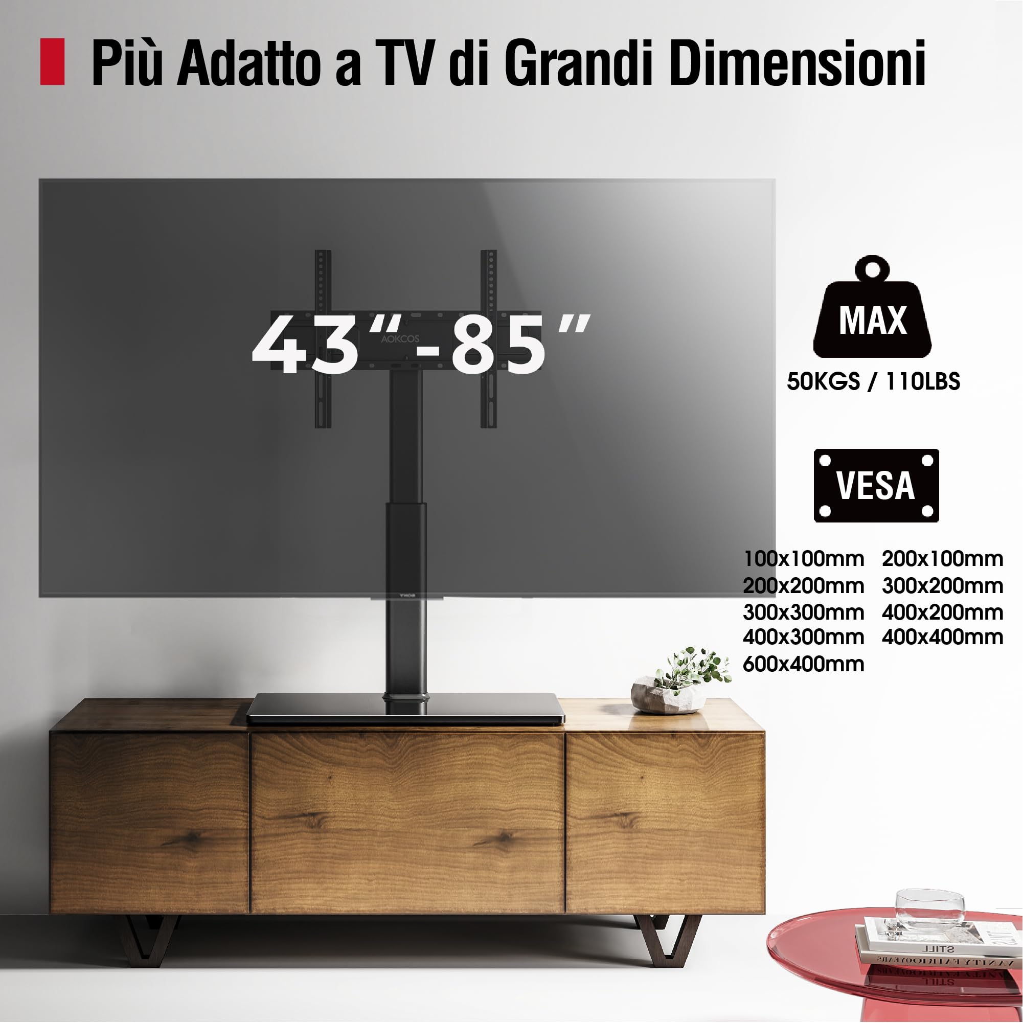 AOKCOS Supporto TV da Tavolo Inclinabile per 42-85 Pollici, Girevole & Altezza Regolabile Piedistallo TV con Base, Mobile Porta TV Max VESA 600x400mm 50KG