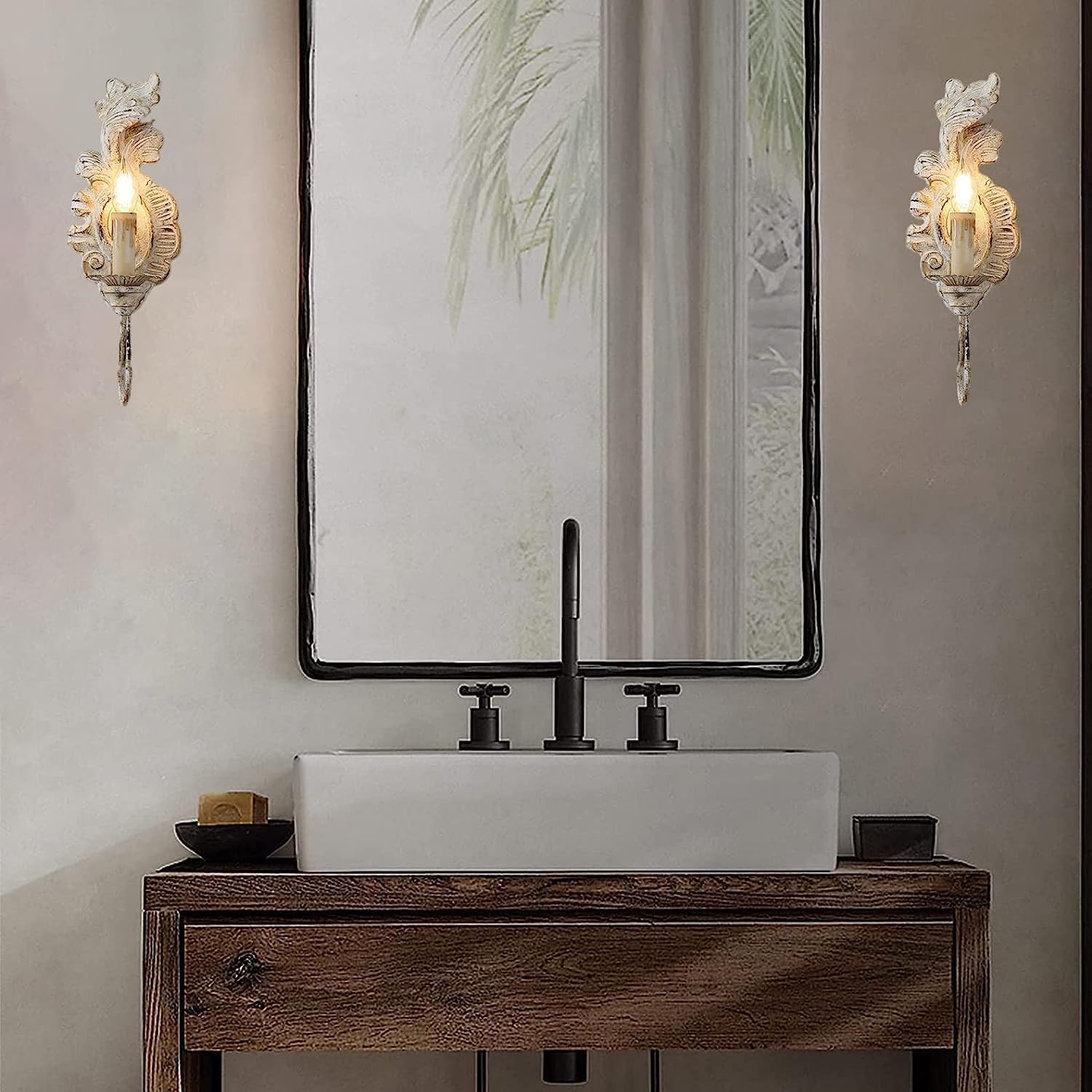 Appliques murales de ferme en bois blanc antique, lampe murale à LED de style bougie, lampe murale vintage de salle de bains, vanité, luminaire pour chambre à coucher, chevet, salon, couloir, g