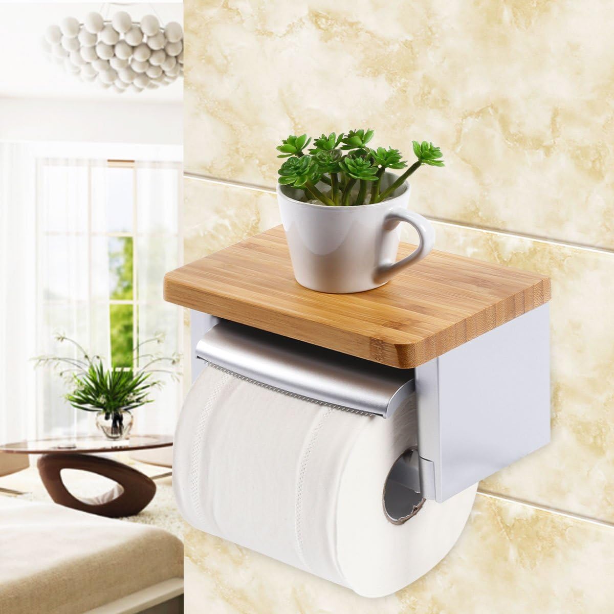 MEIBEI Toilet Paper Roll Holder Wall Mounted Bamboo Wood Stainless Steel with Storage Shelf for Kitchen Bathroom