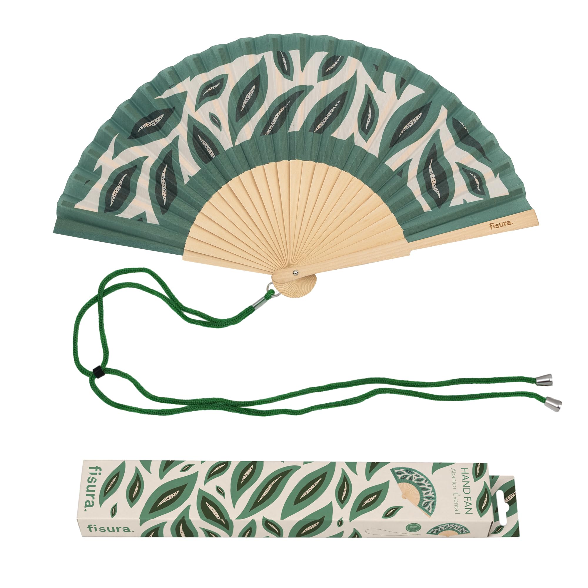 Fisura – Abanico Original con Estampado de Hojas. Abanico de Madera Moderno y Colorido. Ventilador de Mano Verde. Colgador Incluido. Idea de Regalo Divertido. 42,5 x 23 cm
