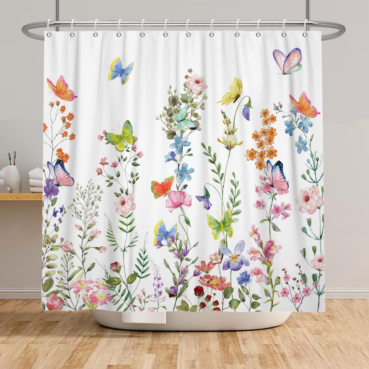 Spring Floral Butterfly Shower Curtain Summer Colorful Wildflowers Botanical Shower Curtain for Rustic Vintage Bathroom Decor Easter Shower Curtain Set 72x84 Inches