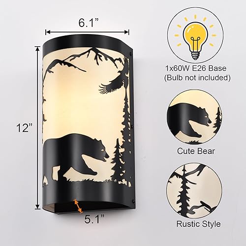 Miniatura 4 de Aplique de pared, apliques de pared de pergamino crema de metal de oso de granja, juego de dos, apliques de pared rústicos negros mate, apliques de