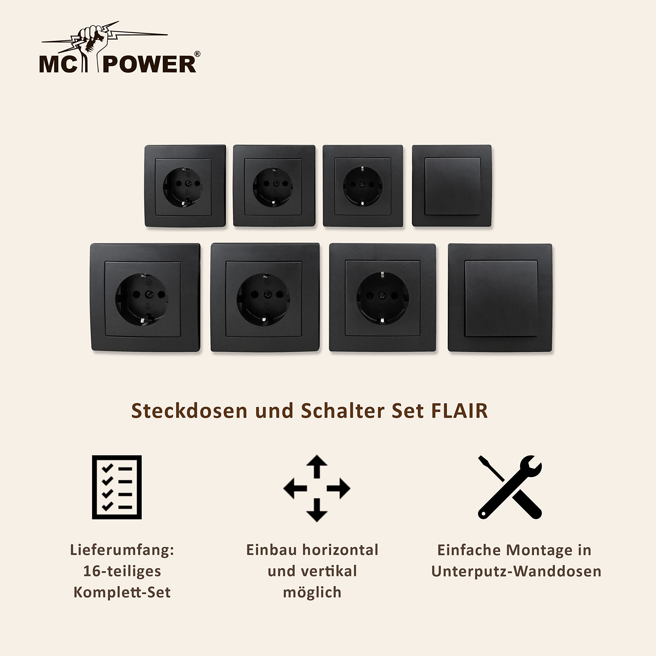 MC POWER Flair Set Prese Con Sicurezza Bambini – 4 Pezzi, Bianco Opaco, 16A 250V, Per Interni - 6