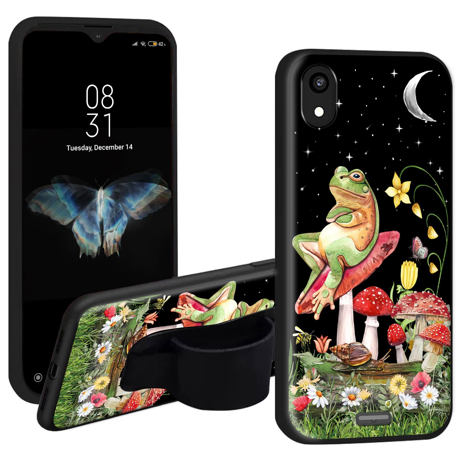 EDGFRTOIOCase for MOXEE M2160 Case MH-T6000 with Phone Loop Finger Holder, Elastic Hand Strap Grip Holder Case Shockproof TPU Cover for MOXEE M2160 6.0 Inch, Mushroom and Frog Moon Night