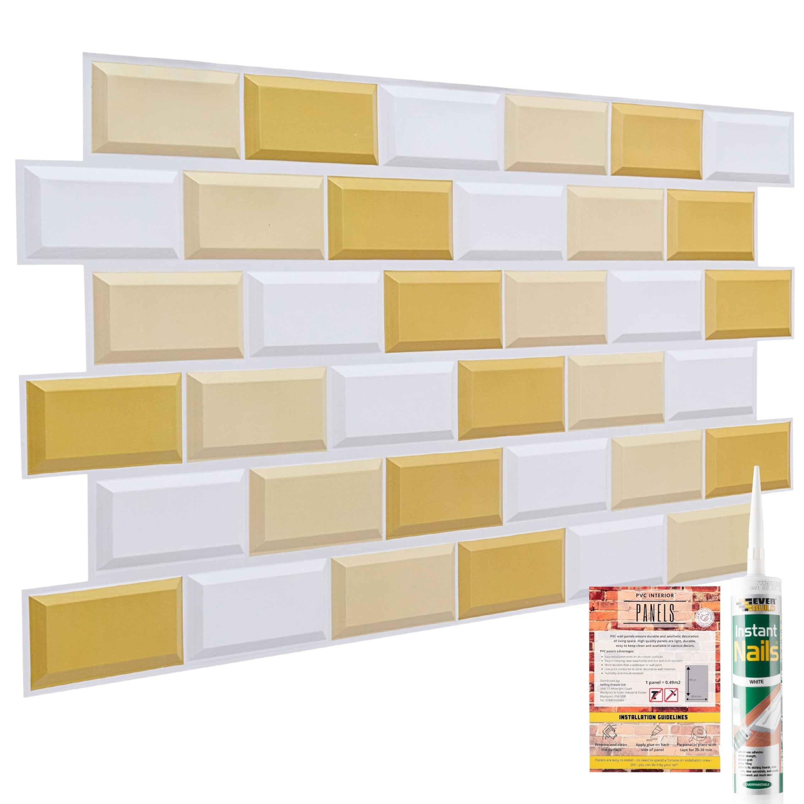 3D Wall Panels with Adhesive Included - 14 Sheets Covering 69.44 sqft (6.45 sqm) Decorative PVC Plastic Cladding Size - 37.79 x 18.89 in (96 x 48 cm) – Subway Tile Pattern in White, Gold, and Beige