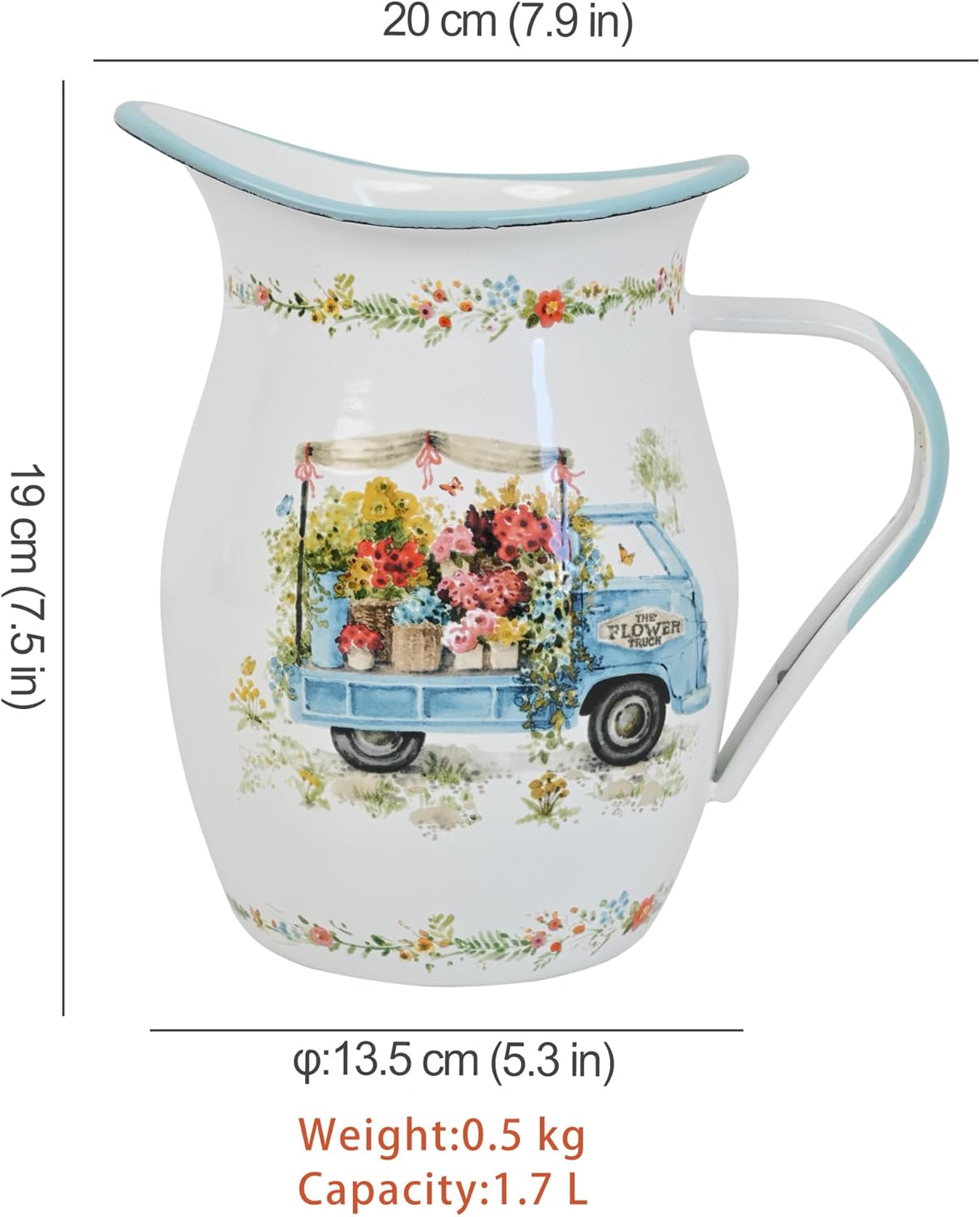 Enamel Pitcher with Wide Handle Vintage Metal Farmhouse Pitcher Vase Flower Decoration for Tabletop, Office, Home, Gift And Iced Tea, Coffee, Cold Drinks (LightBlue)