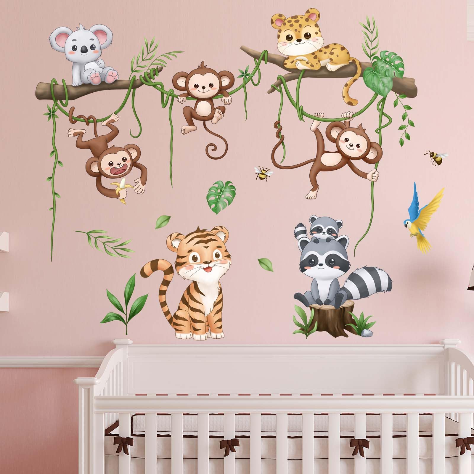 Jungle Animals Climbing Tree Wall Decals - Monkey Tiger Leopard Koala Raccoon Wall Stickers - Baby Nursery Kids Boy Girls Room Daycare Playroom Classroom Wall Decor