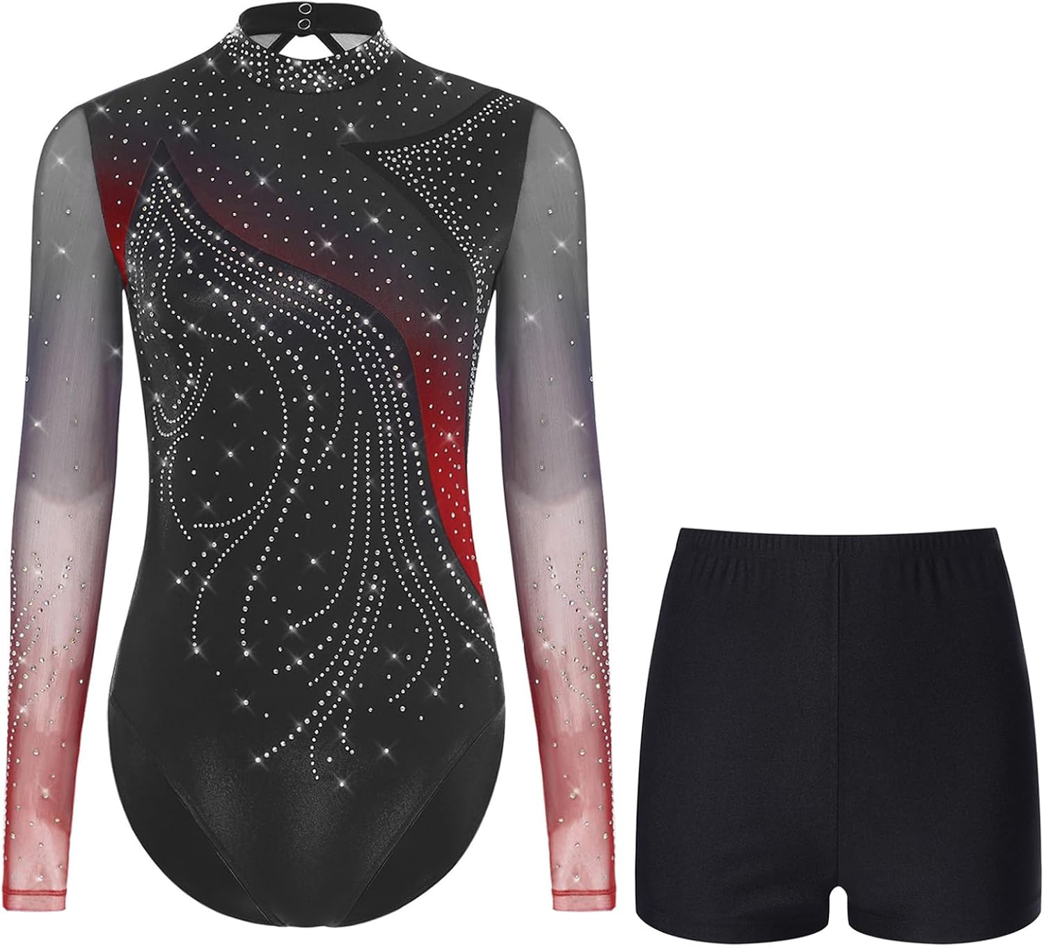 Linjinx Womens Rhinestones Gymnastics Leotard Bodysuit Figure Skating Jumpsuit Contrast Color Ballet Dance Unitard