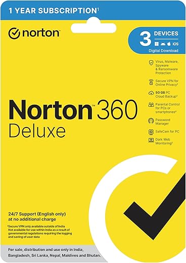 Norton 360 Deluxe |3 Users 1 Year|Total Security for PC, Mac, Android or iOS|Additionally Includes Password Manager, PC Cloud Back Up, SafeCam for…