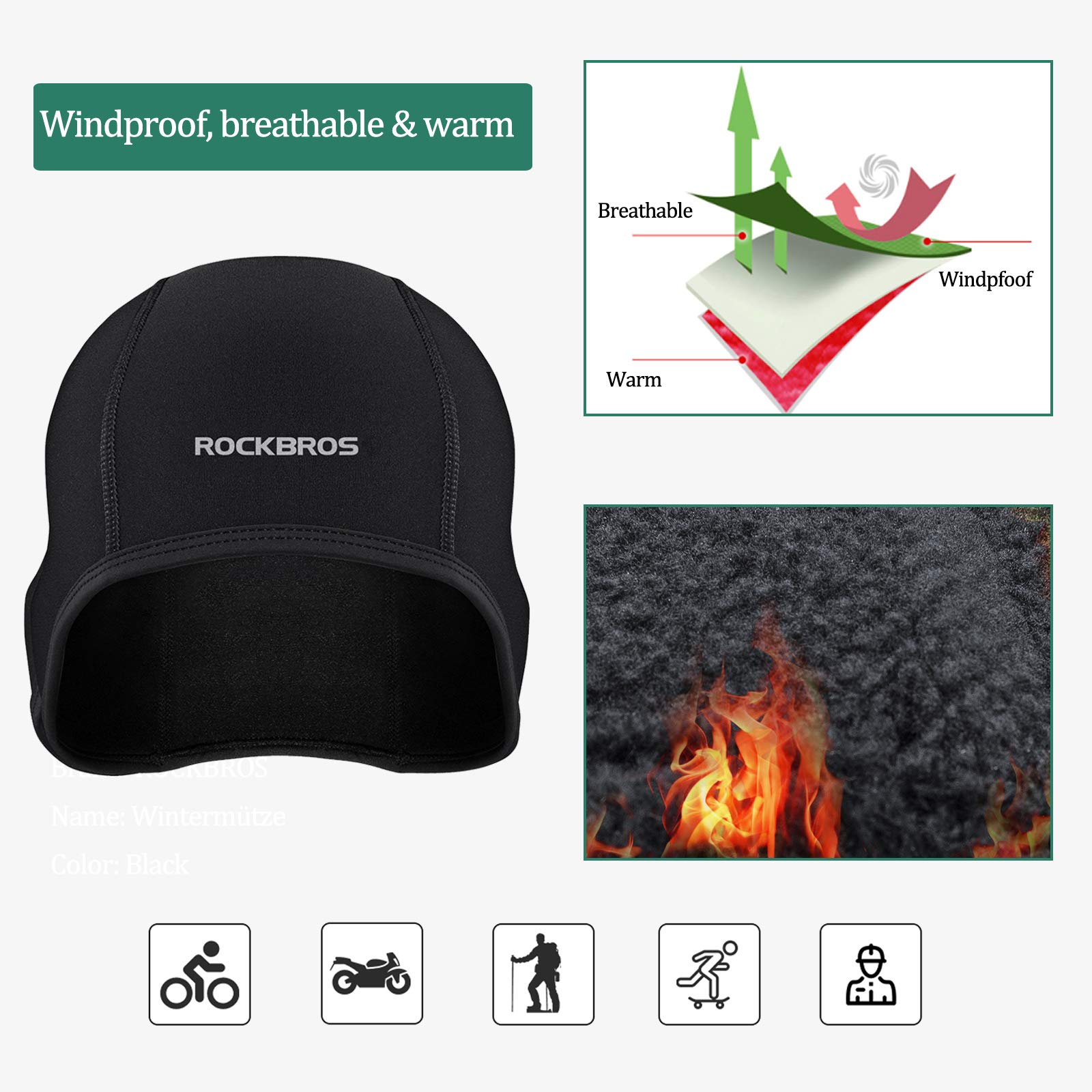 ROCKBROS Czapka Rowerowa, Zimowa, Wiatroodporna,Ciepła, dla Mężczyzn i Kobiet, Wielofunkcjonalna, Czarna, do Wszystkich Aktywności na Świeżym Powietrzu