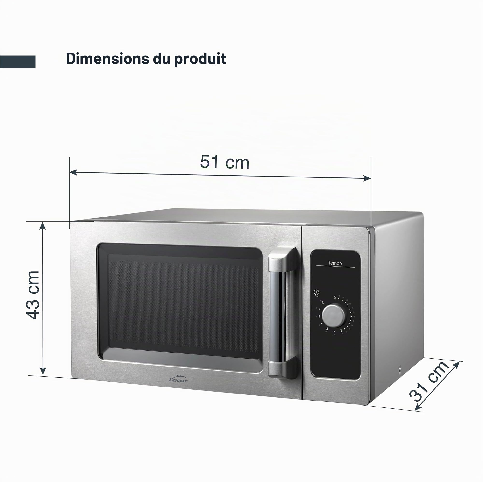 Lacor - 69329 - Micro-ondes Tempo, Inox 18/10, Chauffage Homogène, 1550 W, Usage Professionnel, Cavité Intérieure Inox, Adapté aux Grands Plats, 51x43x31 cm