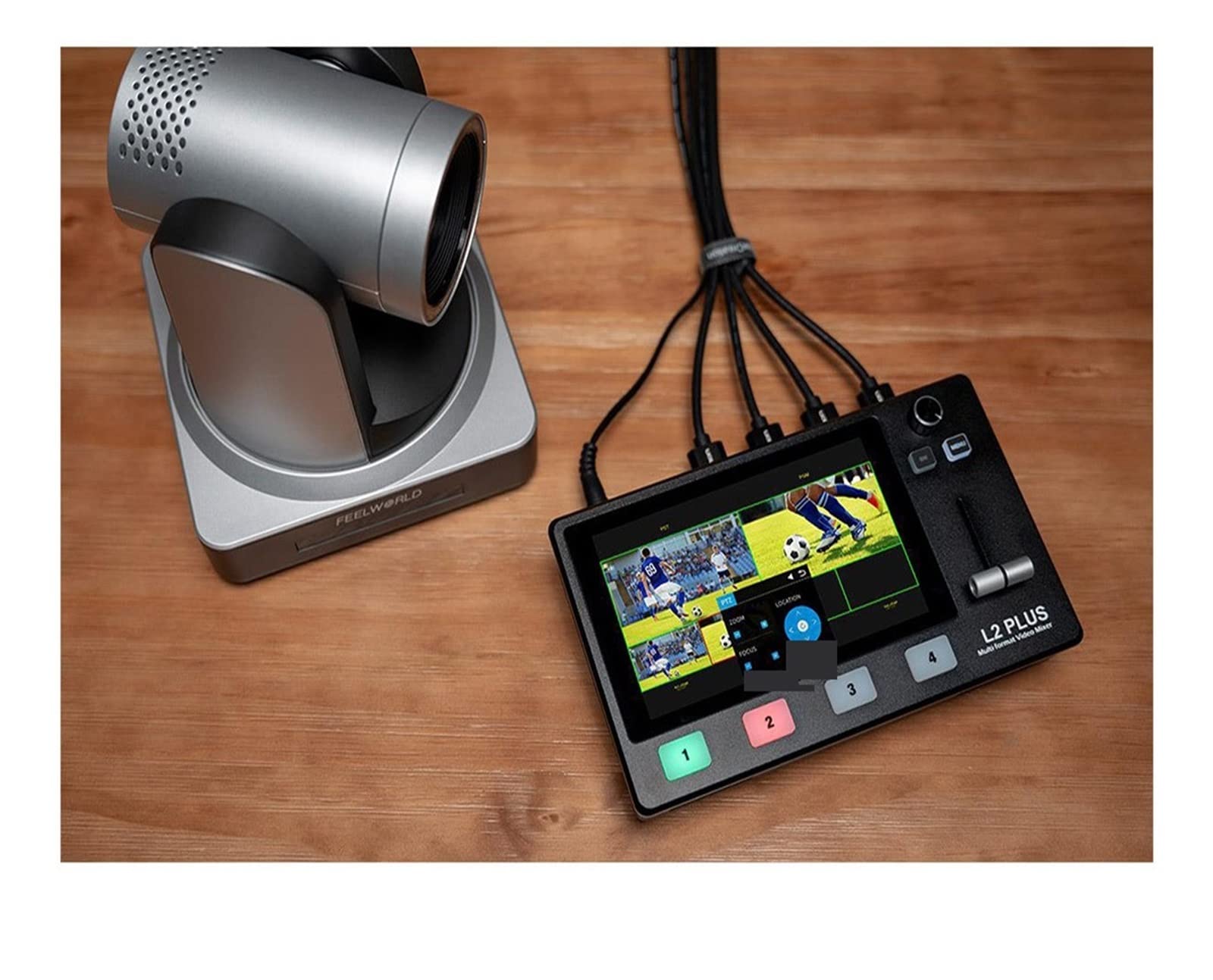 L2 Plus 5.5 "LCD Multi-cámara Video Mixer Switcher con Pantalla táctil PTZ Control Key USB3.0 for transmisión en Vivo para computadora portátil, TV, proyector