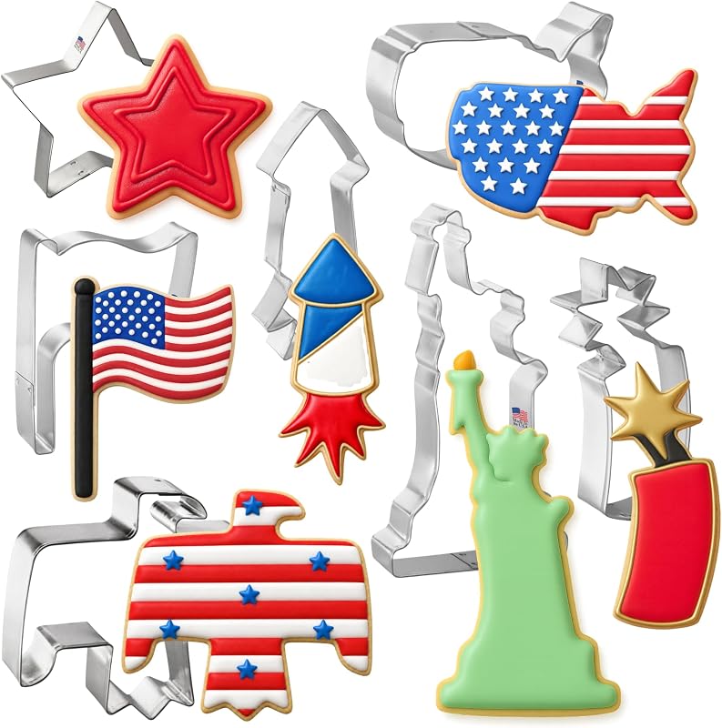 Juego de 7 cortadores de galletas Patriotic con tarjeta de recetas, fabricado en Estados Unidos
