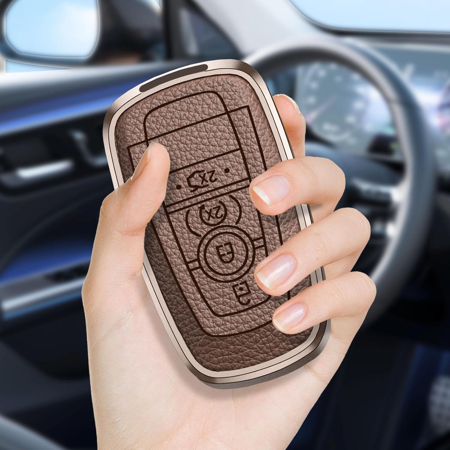 for Ford or Lincoln Key Fob Cover, Aluminum Full Protection Case with Keychain Durable Anti-Scratch Leather Shell Compatible with F-150 F-250 Mustang Explorer Escape Fusion Edge Expedition (A Brown)