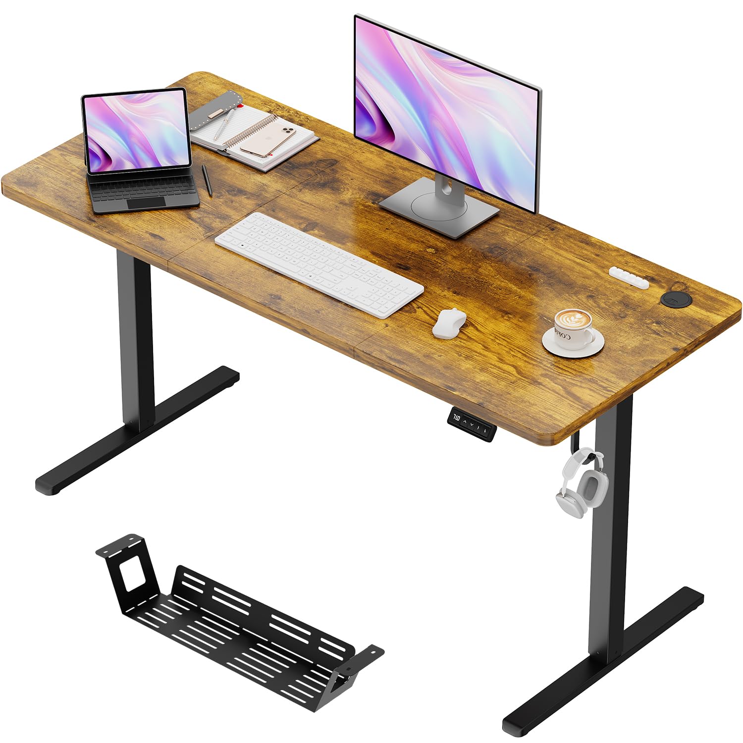JUMMICO Electric Height Adjustable Desk 140 x 60 cm, Height Adjustable Desk with 2 Memory Function, Sit-Stand Office Desk, Computer Desk with Cable Management Box, Rustic Brown