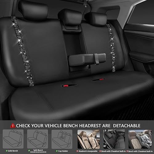 Miniatura 31 de CAR PASS Funda de asiento trasero de cuero y diamantes de imitación brillantes, impermeable, diseño de diamante brillante, ajuste universal, tiras