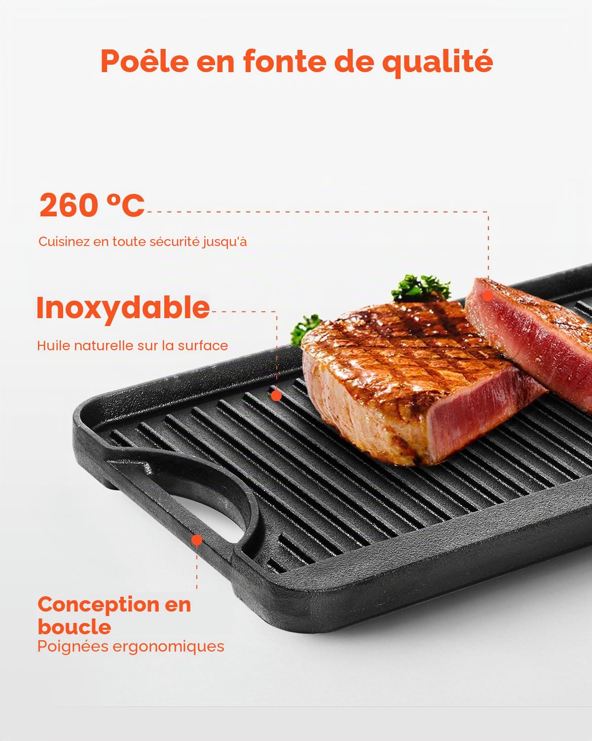 VEVOR Plaque de cuisson réversible en fonte, 492x218 mm, plaque-gril pré-assaisonnée portable avec poignée, poêle à griller pour brûleur de cuisinière intérieur/extérieur, gaz, barbecue camping, noir