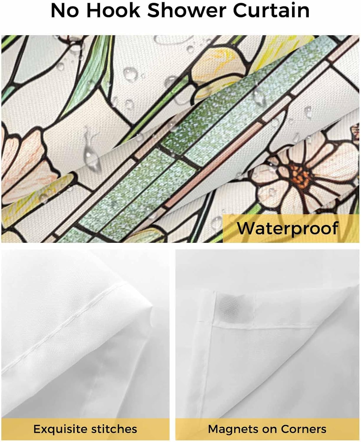 Vintage Flower Butterfly Shower Curtain, No Hook Shower Curtain with Snap in Liner, Green Plants Stained Glass Shower Curtains for Bathroom with See Through Top Window, Waterproof 36x72 Inch