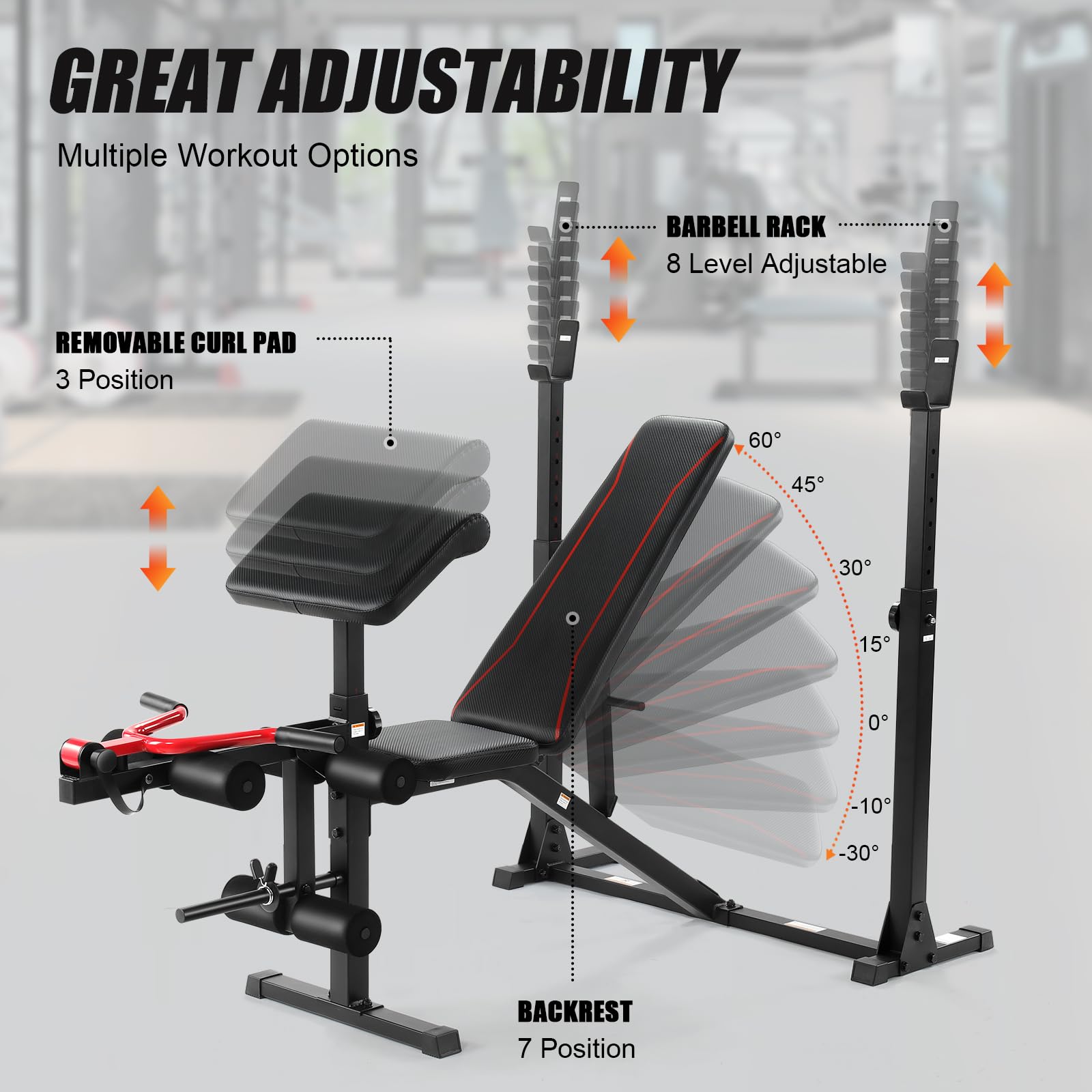 Aceshin Olympic Weight Bench, 900 LBS Adjustable Weight Bench and Squat Rack, Bench Press Set with Leg Extension, Preacher Curl Pad, Workout Bench for Home Gym