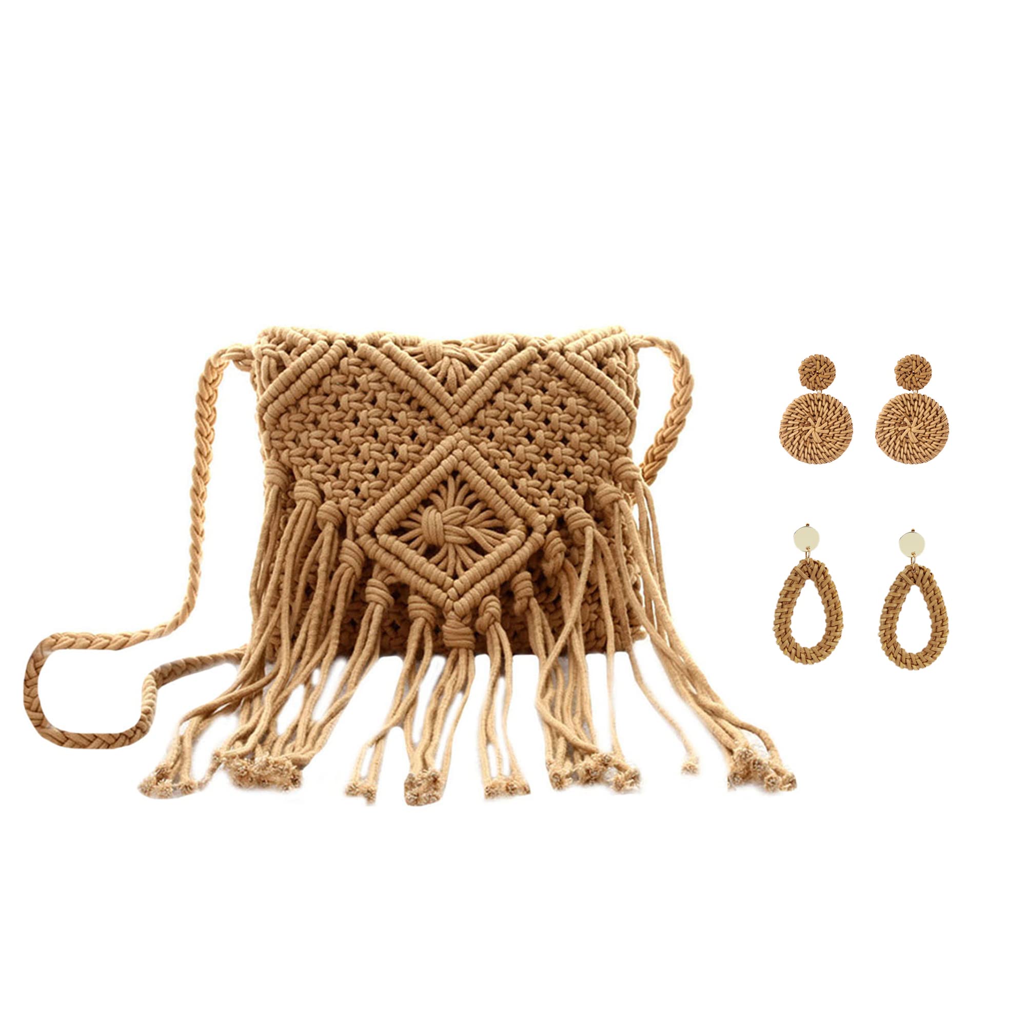 Van Caro Handwoven Cotton Straw Shoulder Bag Crochet Tassel Beach Bohemian Purse for Women