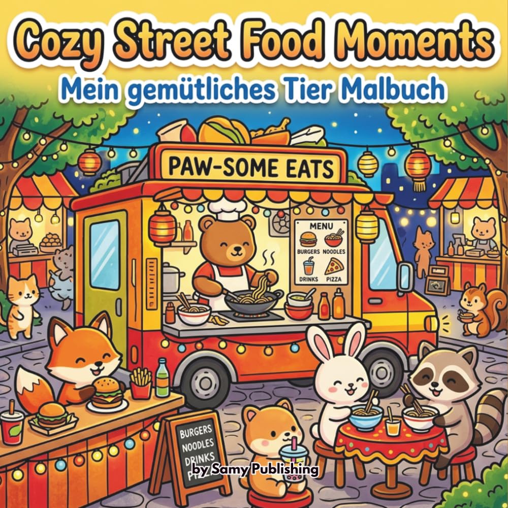 Cozy Street Food Moments – Mein gemütliches Tier Malbuch: 40 detailreiche Ausmalbilder mit süßen Tieren bei gemütlichen Street Food Szenen voller ... Momente für Jugendliche und Erwachsene