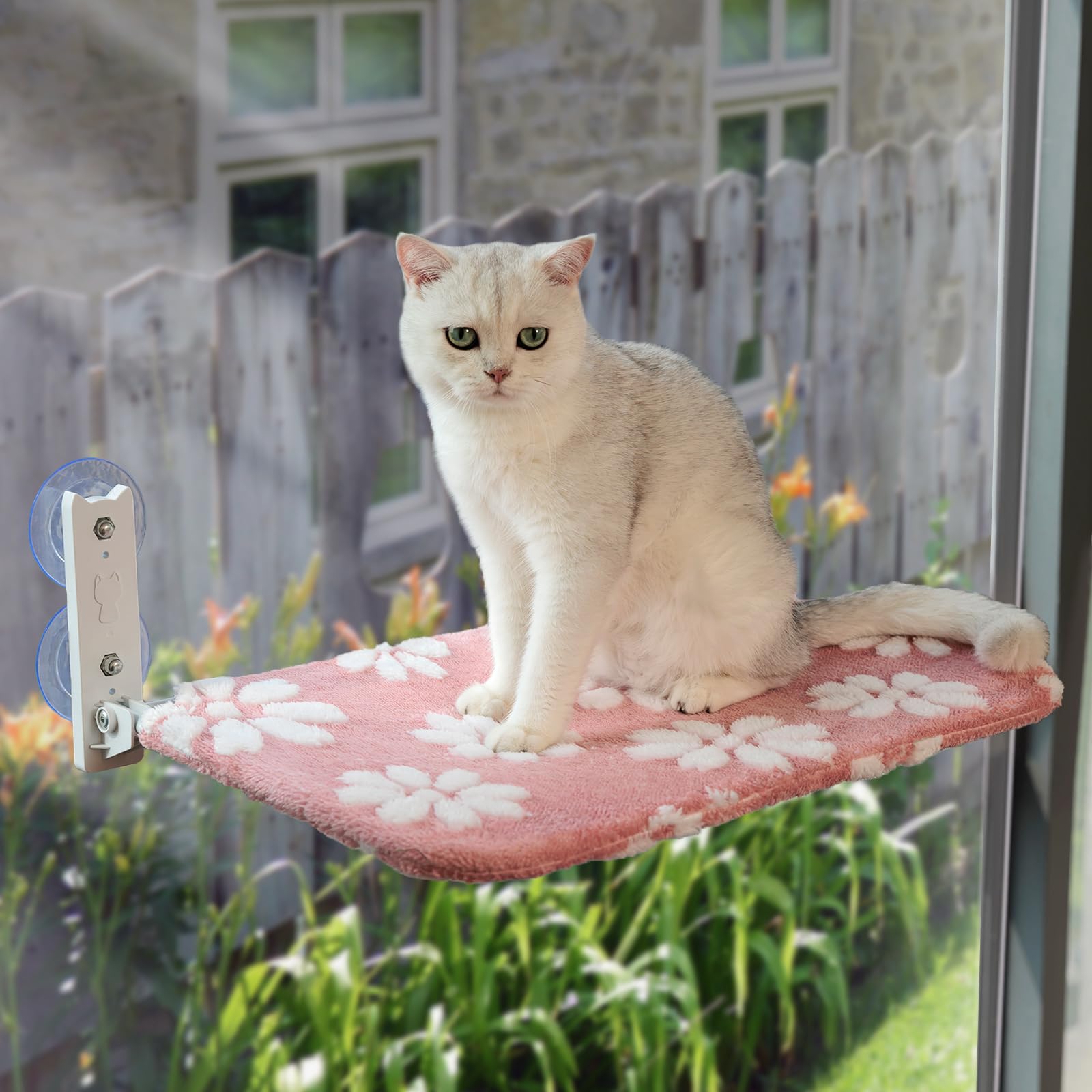 Percha para ventana de gato, hamaca plegable para ventana de gato con bonita cubierta de flores texturizada 3D y ventosas fuertes, cama inalámbrica para gatos de interior (rosa, grande)