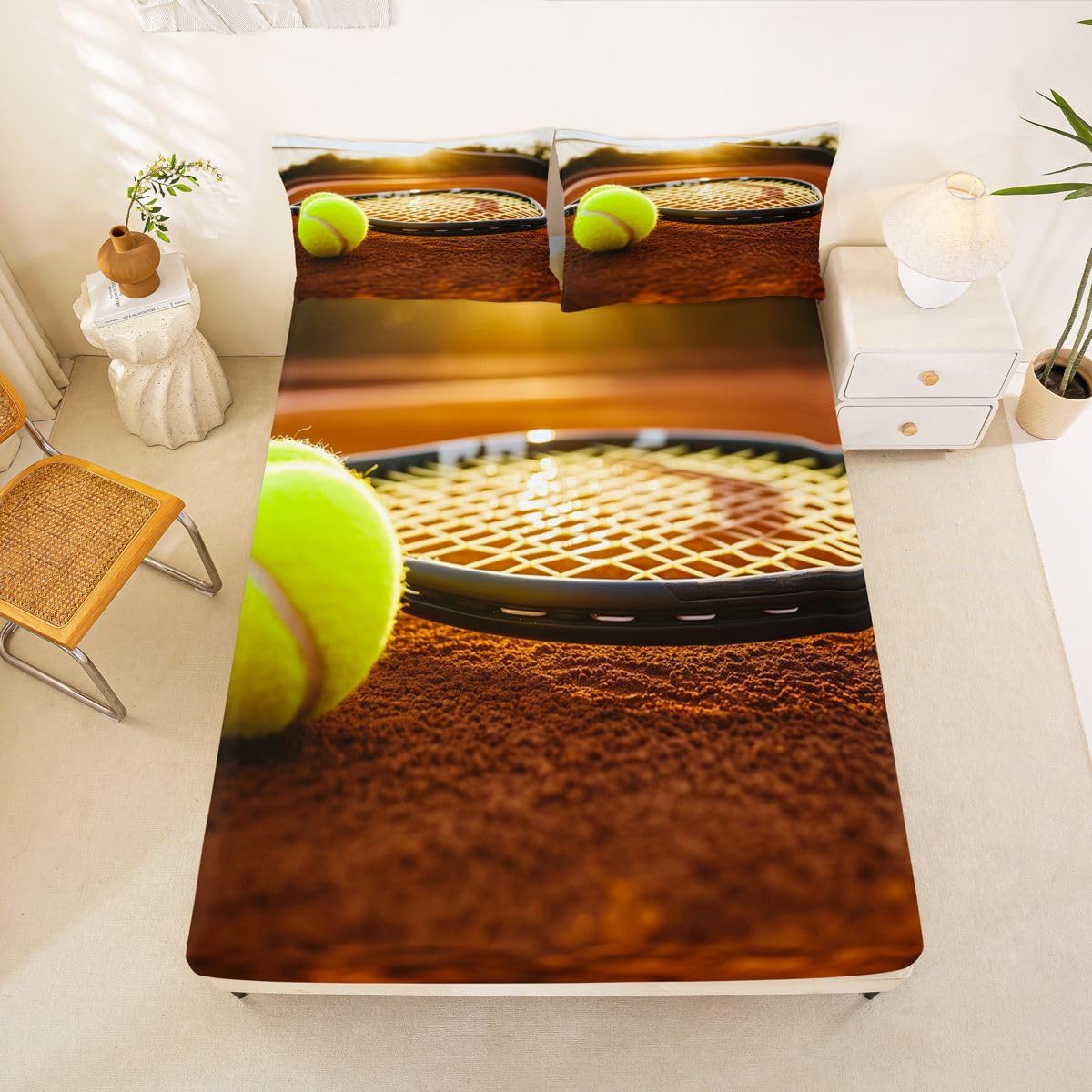 Kids Tennis Ball Bedding Sheet 3D Tennis Racket Bed Sheet Set for Boys Girls Women Men Bedroom Sports Theme Decor Fitted Sheet Set 3D Ball Pattern Comforter Cover Queen Size with 2 Pillow Case